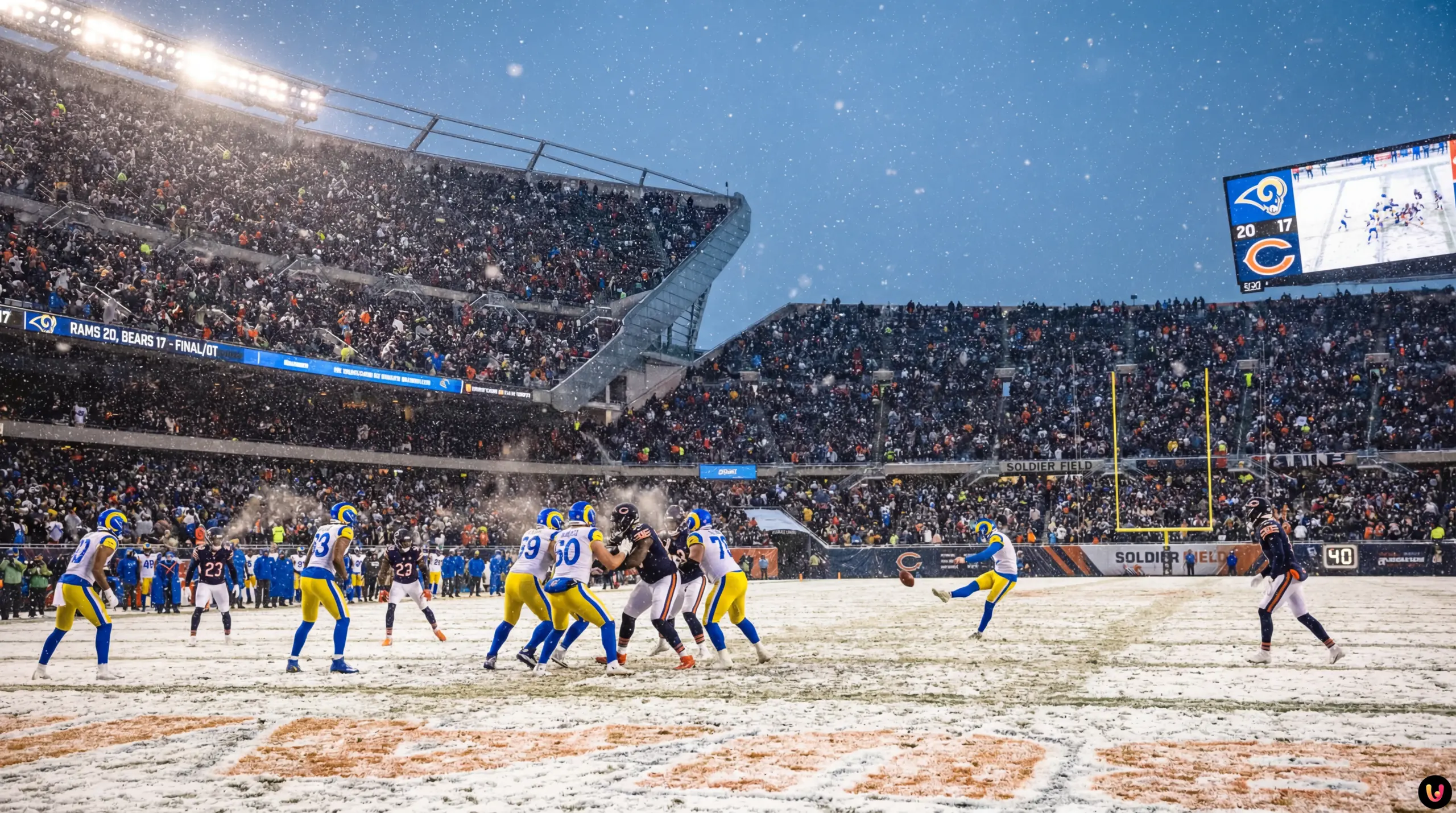 Joueurs des Rams c&eacute;l&eacute;brant la victoire contre les Bears sous la neige au Soldier Field