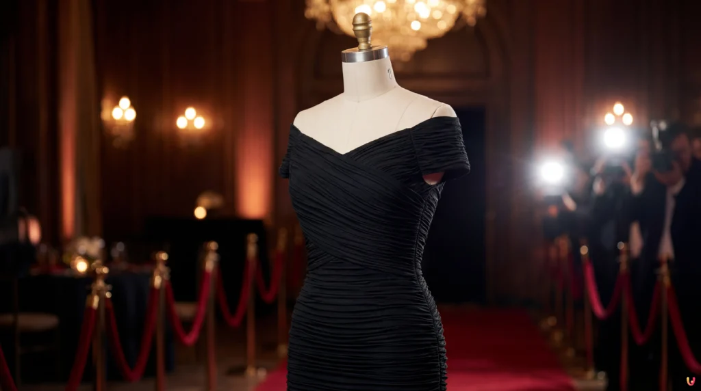 Nina Dobrev sul red carpet con abito off-shoulder vintage Herv&eacute; L&eacute;ger e corpetto arricciato