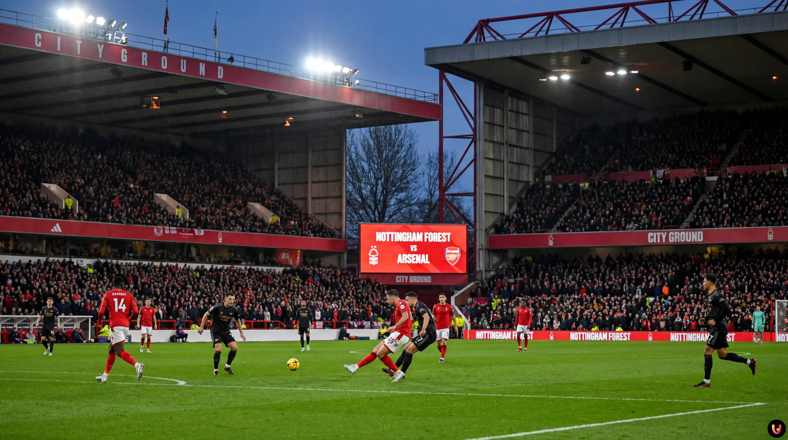 Giocatori di Nottingham Forest e Arsenal in campo al City Ground durante il match di Premier League