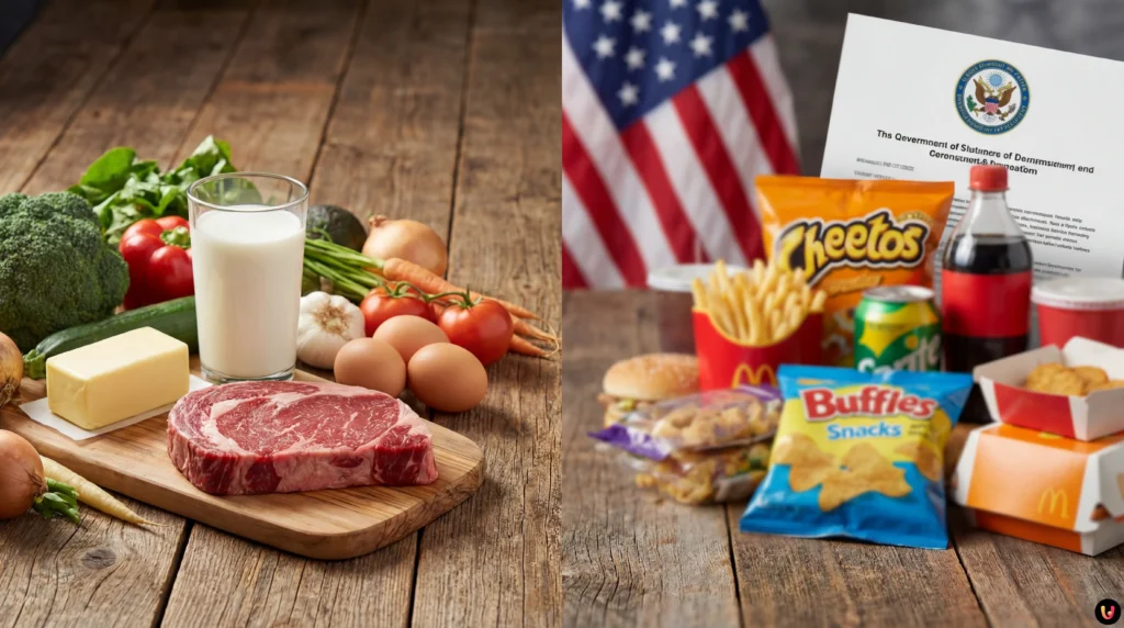 Grafico della nuova piramide alimentare USA con carne, verdure e senza cibi processati