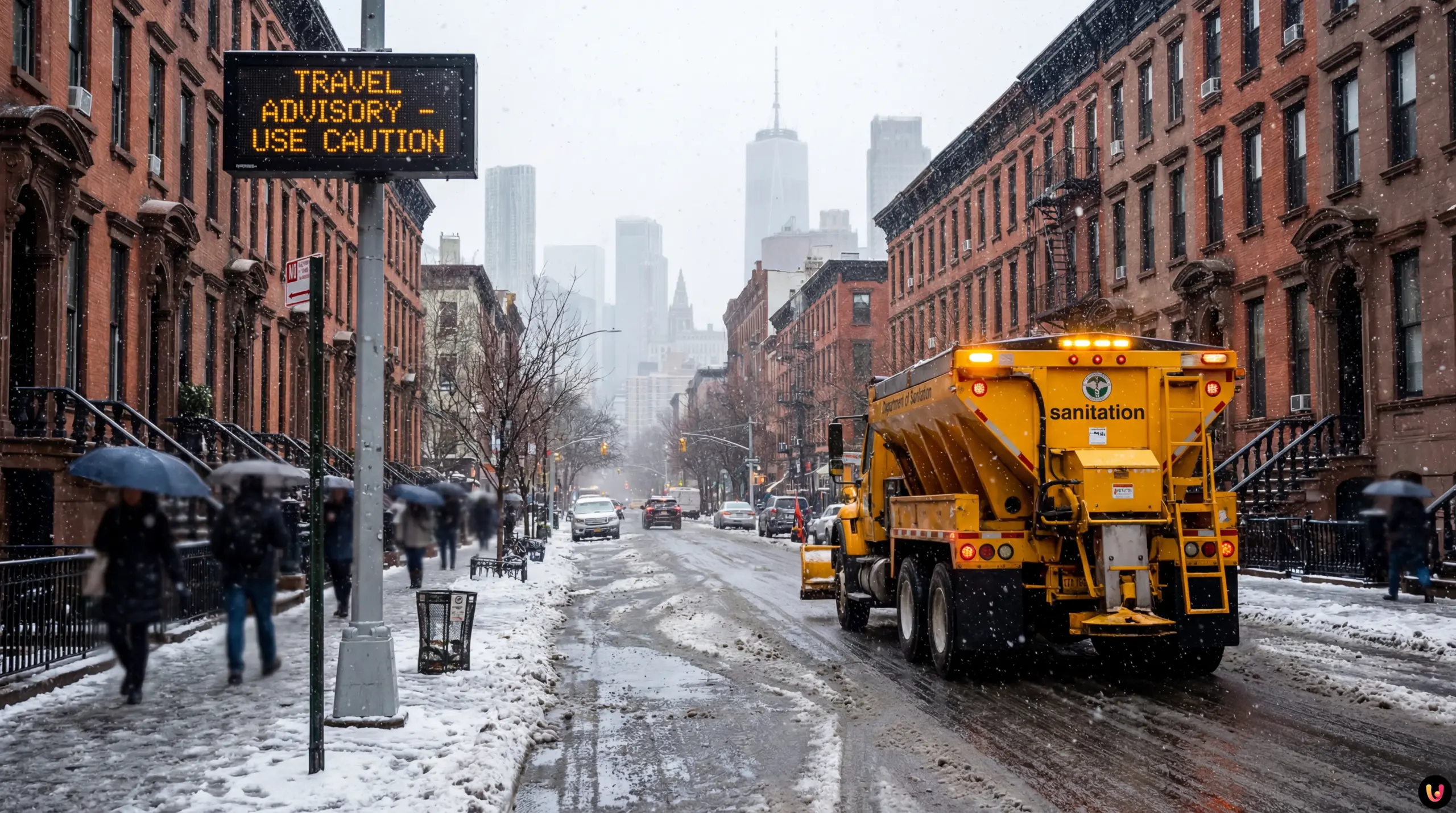 Snowy New York City street scene with reduced visibility during a winter storm.