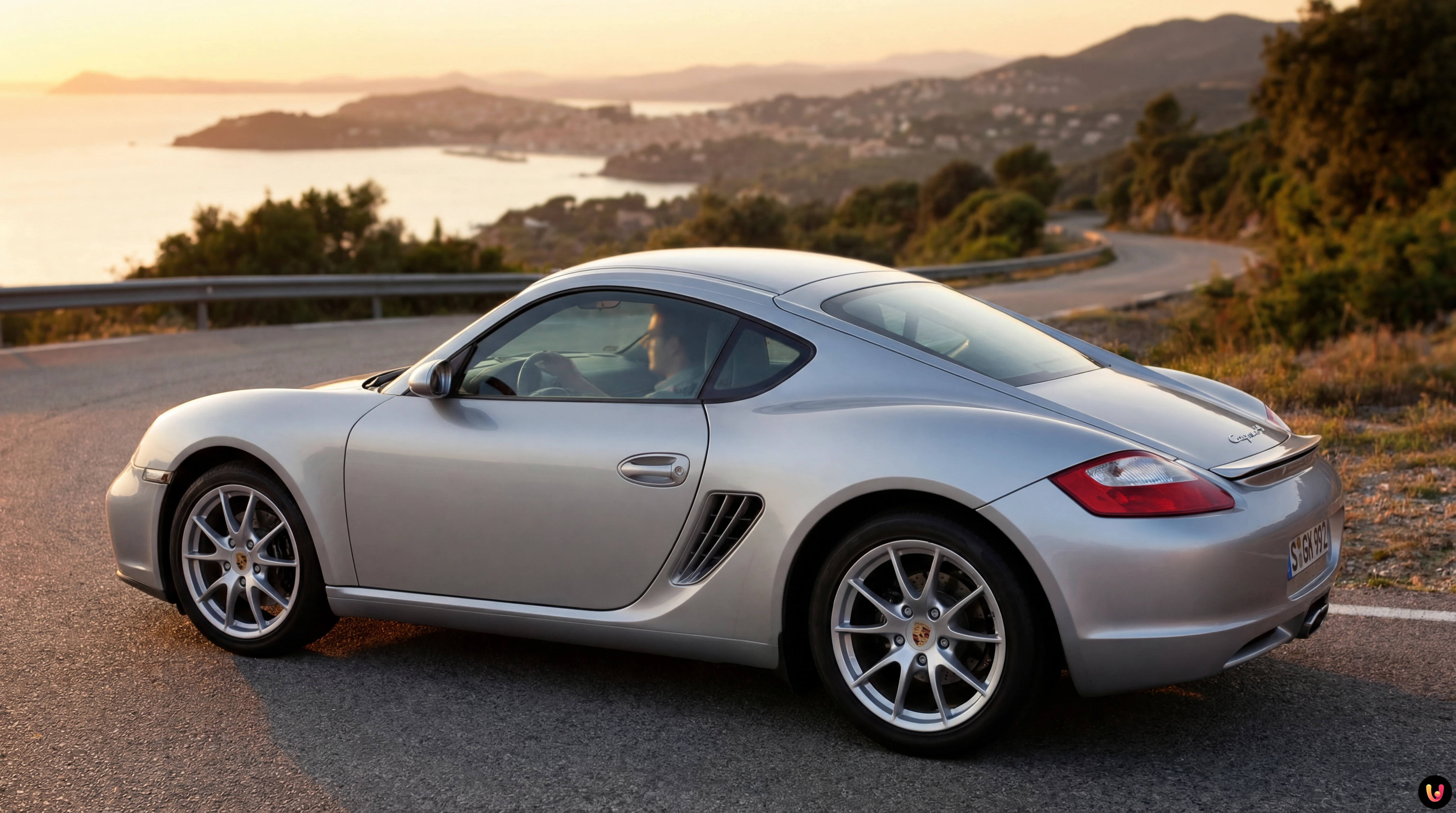 Porsche Cayman 987 coup&eacute; sport gris m&eacute;tallis&eacute; vue de trois quarts avant sur route