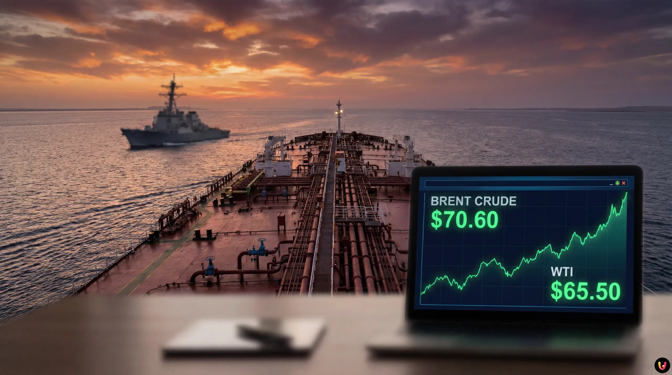 Graph showing rising oil prices overlaid with a US Navy ship in the Gulf