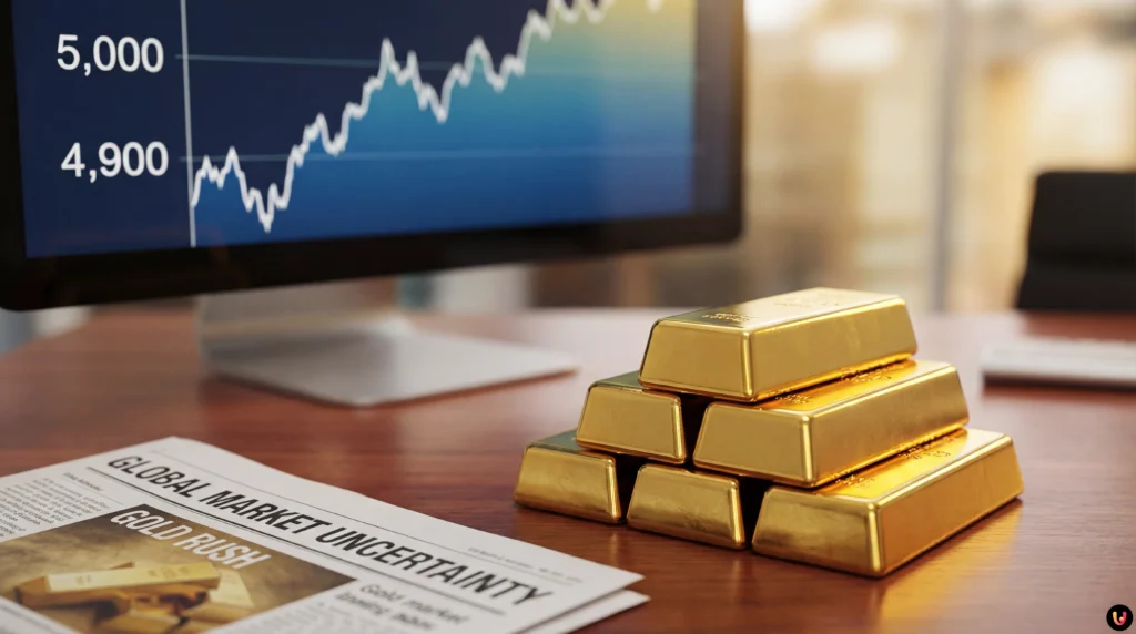 Oro record a un passo dai 5.000 dollari: è corsa ai beni rifugio sui mercati Lingotti d'oro con grafico rialzista che punta ai 5000 dollari