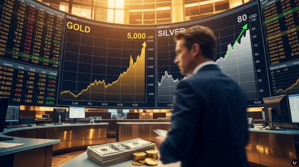 Oro verso i 5.000 dollari e Argento record: Dollaro in crisi per lo scontro Trump-Powell Grafici finanziari mostrano oro e argento in rialzo mentre il dollaro crolla