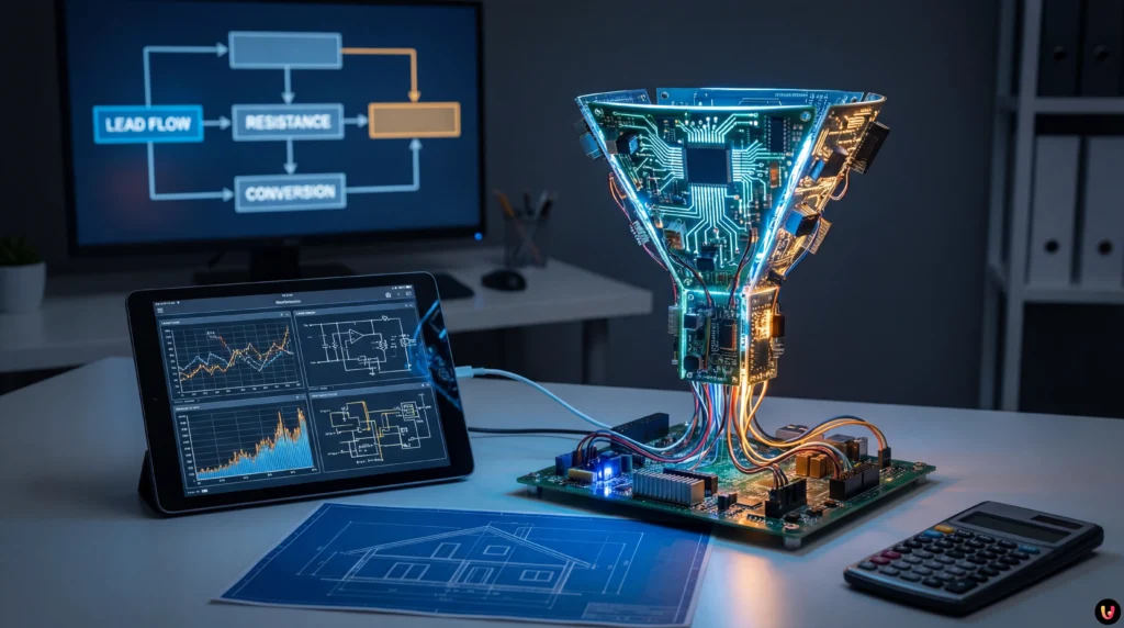 Esquema que compara um funil de vendas a um circuito el&eacute;trico com resistores e fluxos de dados