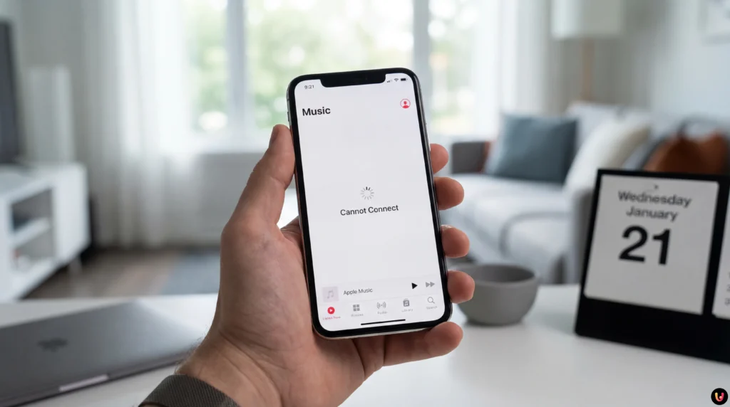 Logo Apple Music sur un &eacute;cran de smartphone avec une ic&ocirc;ne de chargement