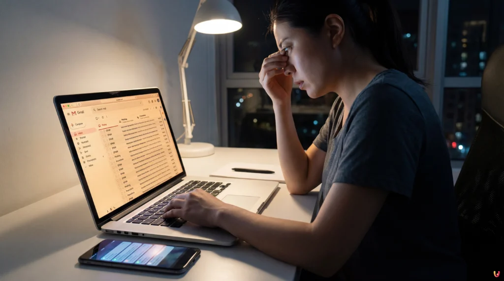 Panne majeure sur Gmail : les filtres anti-spam et le tri automatique hors service Logo Gmail sur fond d'écran d'ordinateur affichant une boîte de réception inondée de spams