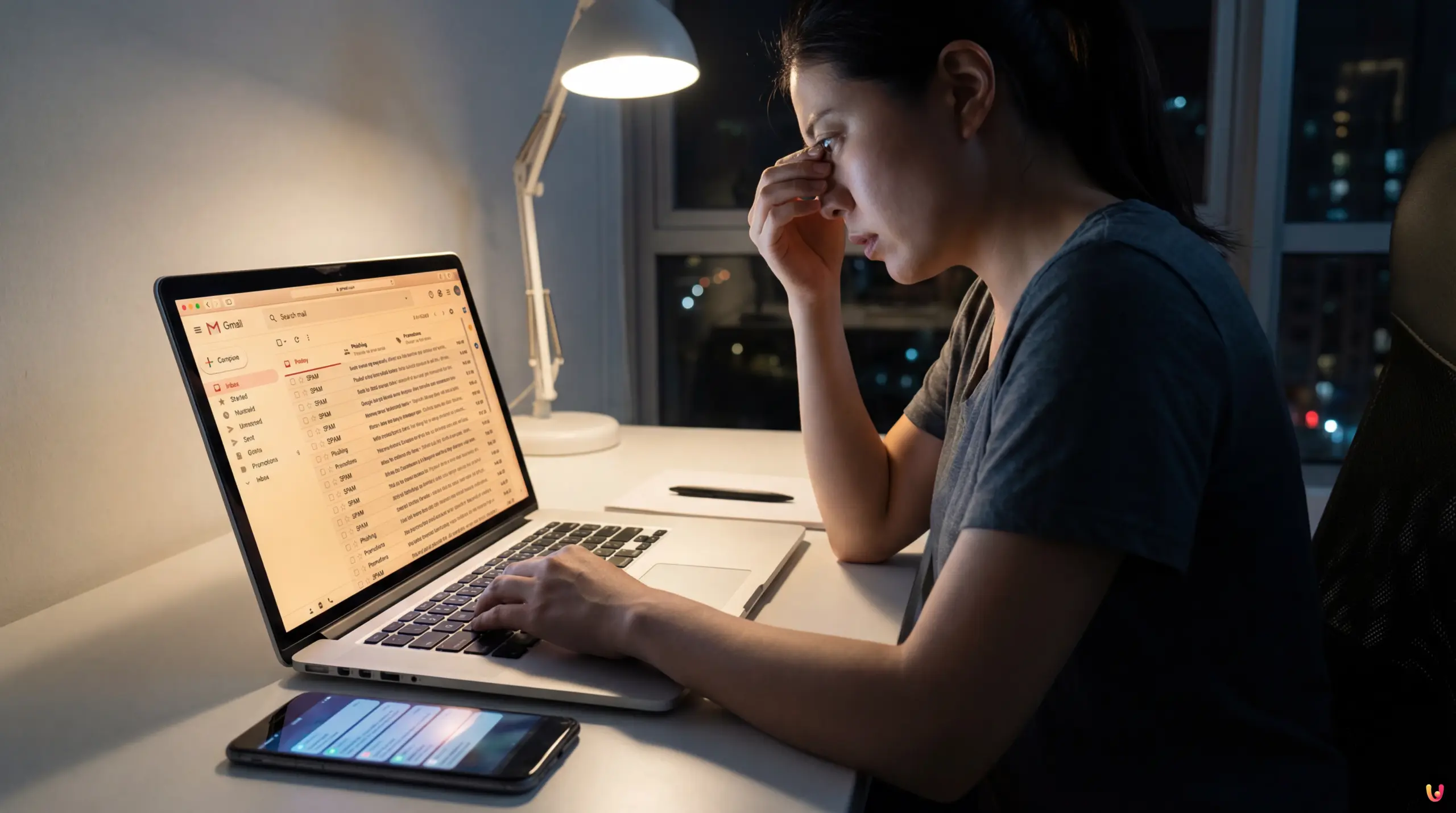 Logo Gmail sur fond d'&eacute;cran d'ordinateur affichant une bo&icirc;te de r&eacute;ception inond&eacute;e de spams