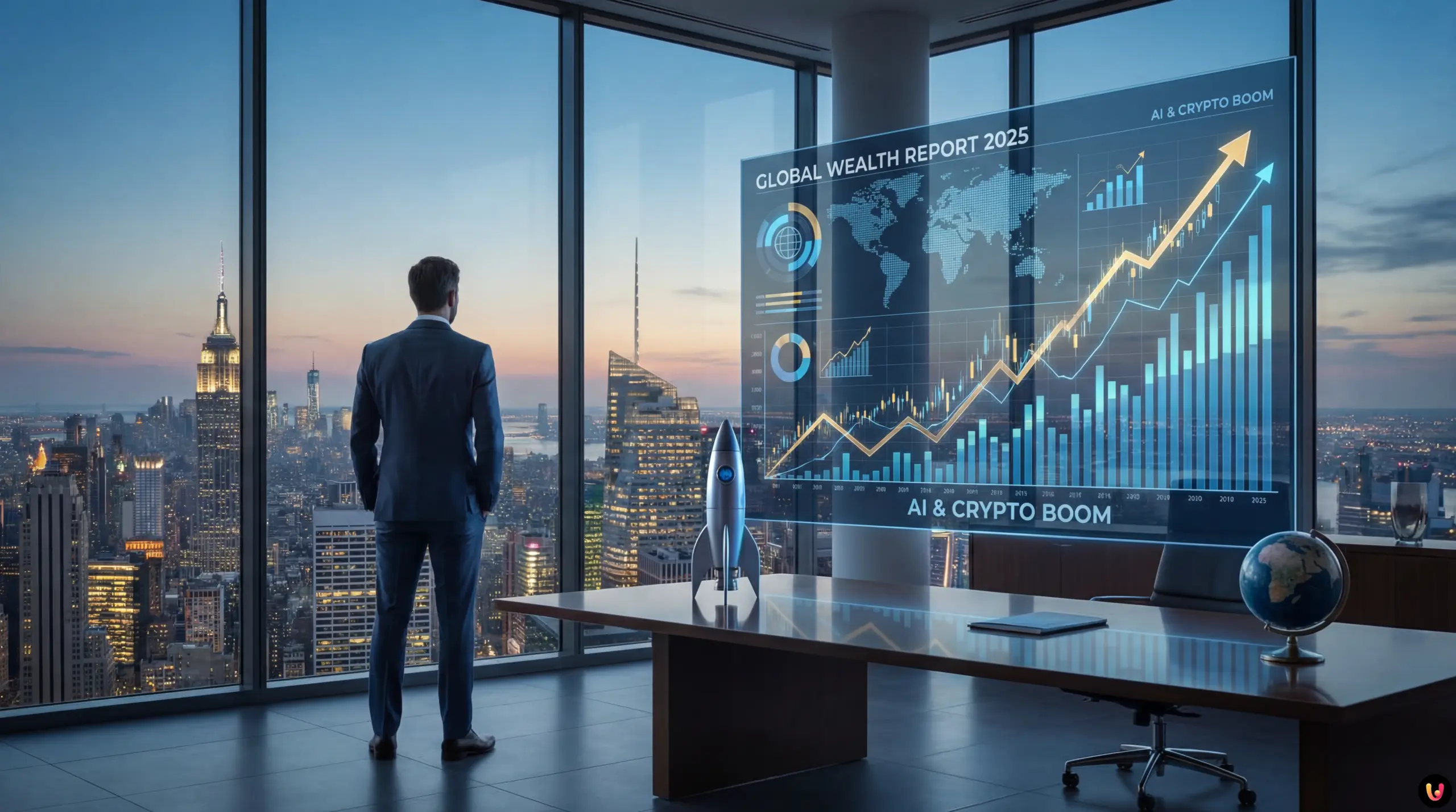 Grafici finanziari e volti dei miliardari che mostrano la crescita record del 2025