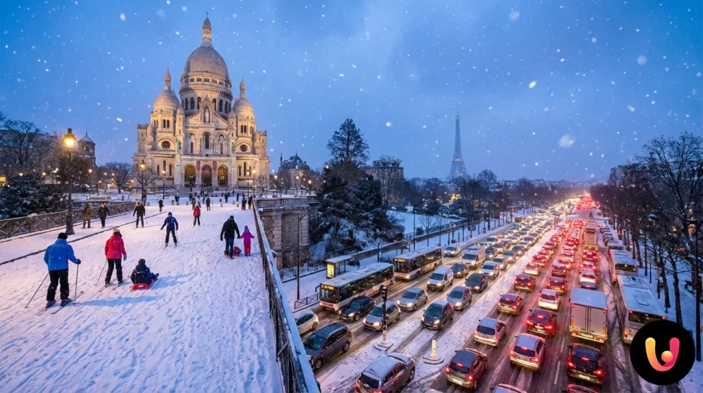 Persone che sciano sulla collina di Montmartre innevata davanti al Sacré-Cœur