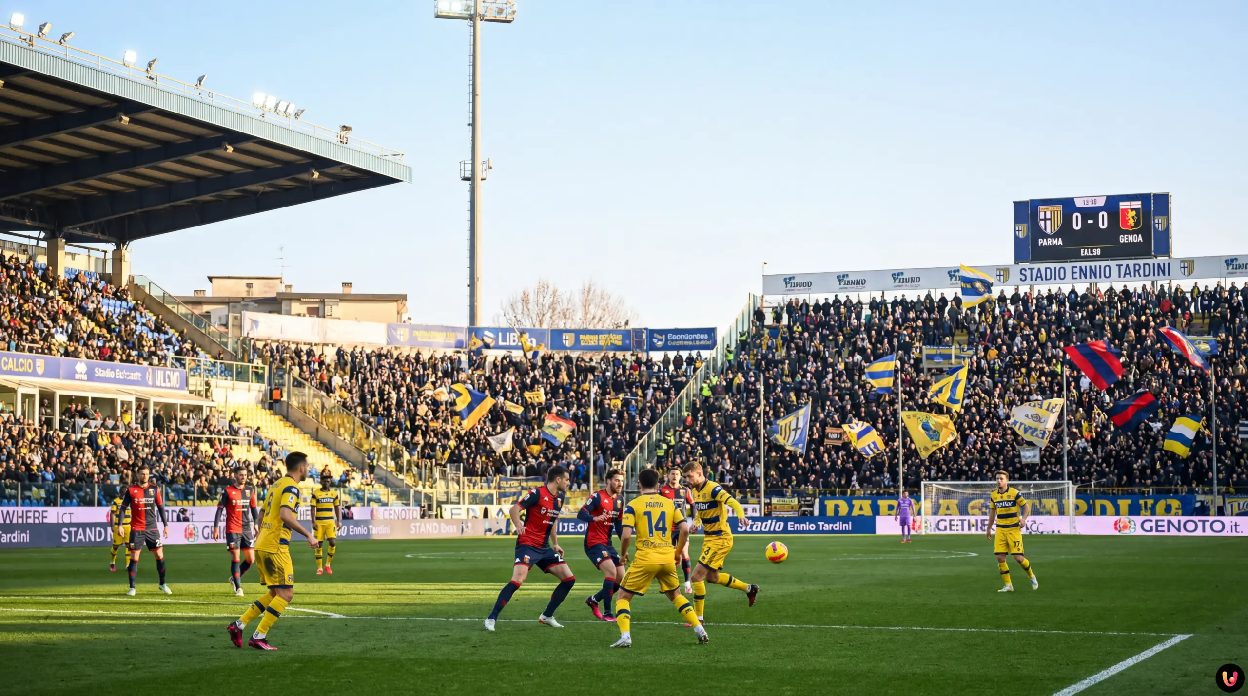 Giocatori di Parma e Genoa in azione allo stadio Tardini per la 21&ordf; giornata di Serie A