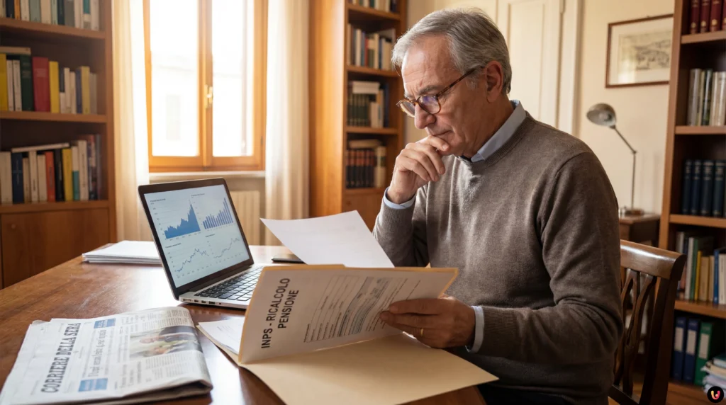 Anziani consultano documenti e calcolatrice per il ricalcolo della pensione INPS