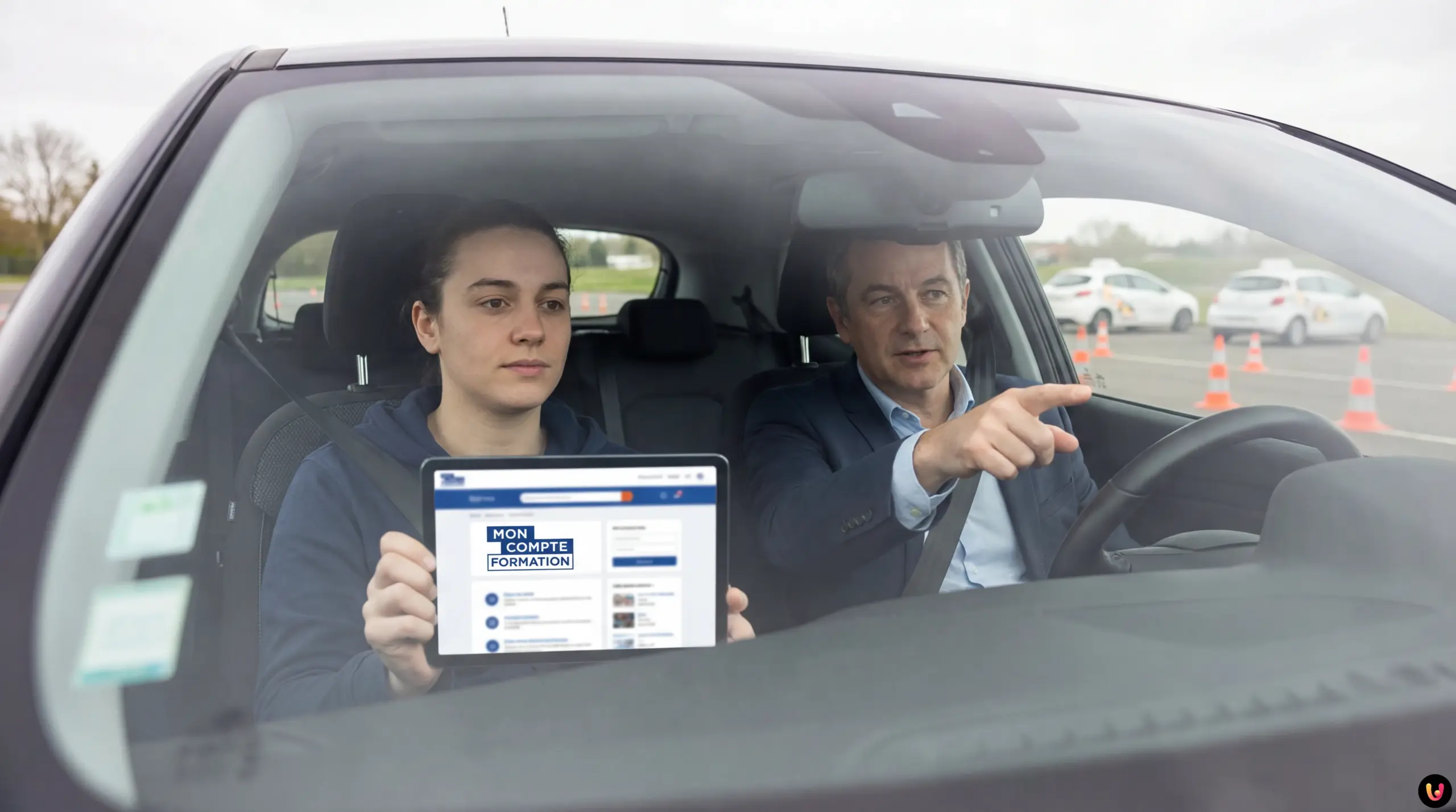 Financement CPF permis de conduire limité aux chômeurs Un permis de conduire français tenu en main devant un véhicule d'auto-école