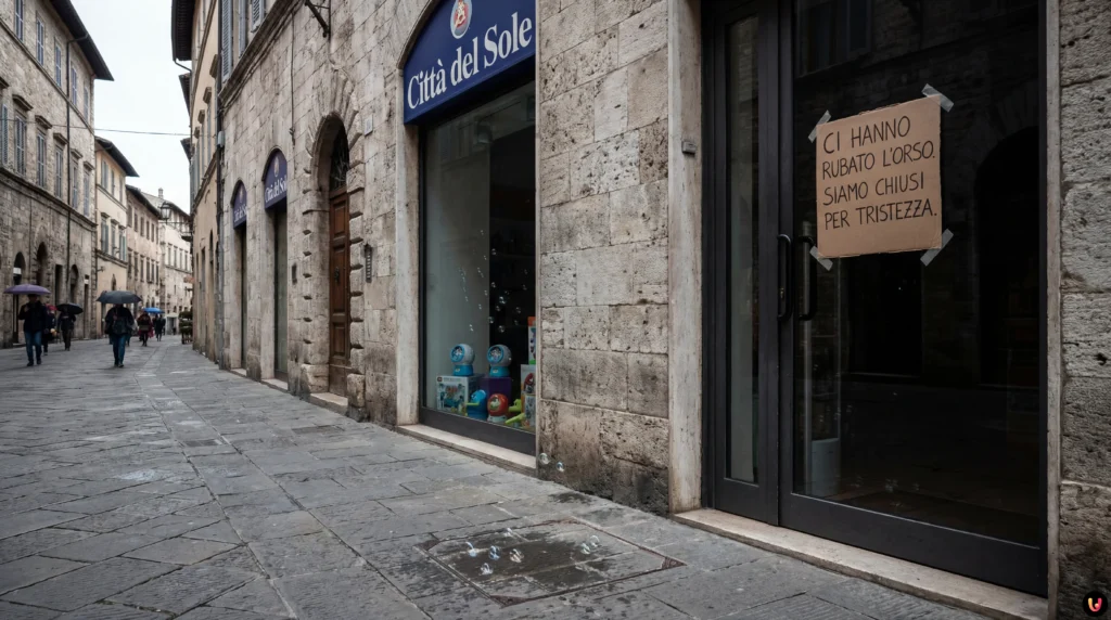 Perugia, rubato l’orsetto di Città del Sole: negozio chiuso per tristezza Cartello sulla porta del negozio Città del Sole che annuncia la chiusura dopo il furto dell'orso