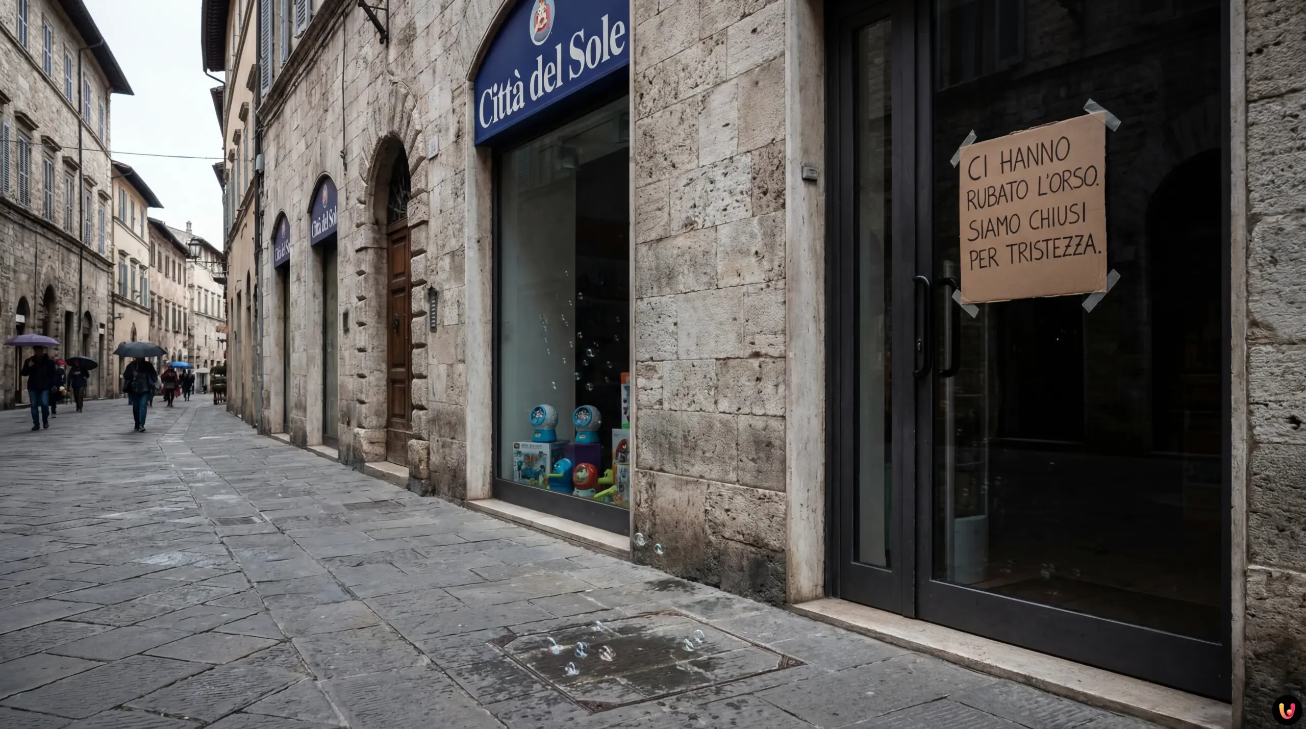Furto orsetto Città del Sole Perugia: negozio chiuso Cartello sulla porta del negozio Città del Sole che annuncia la chiusura dopo il furto dell'orso