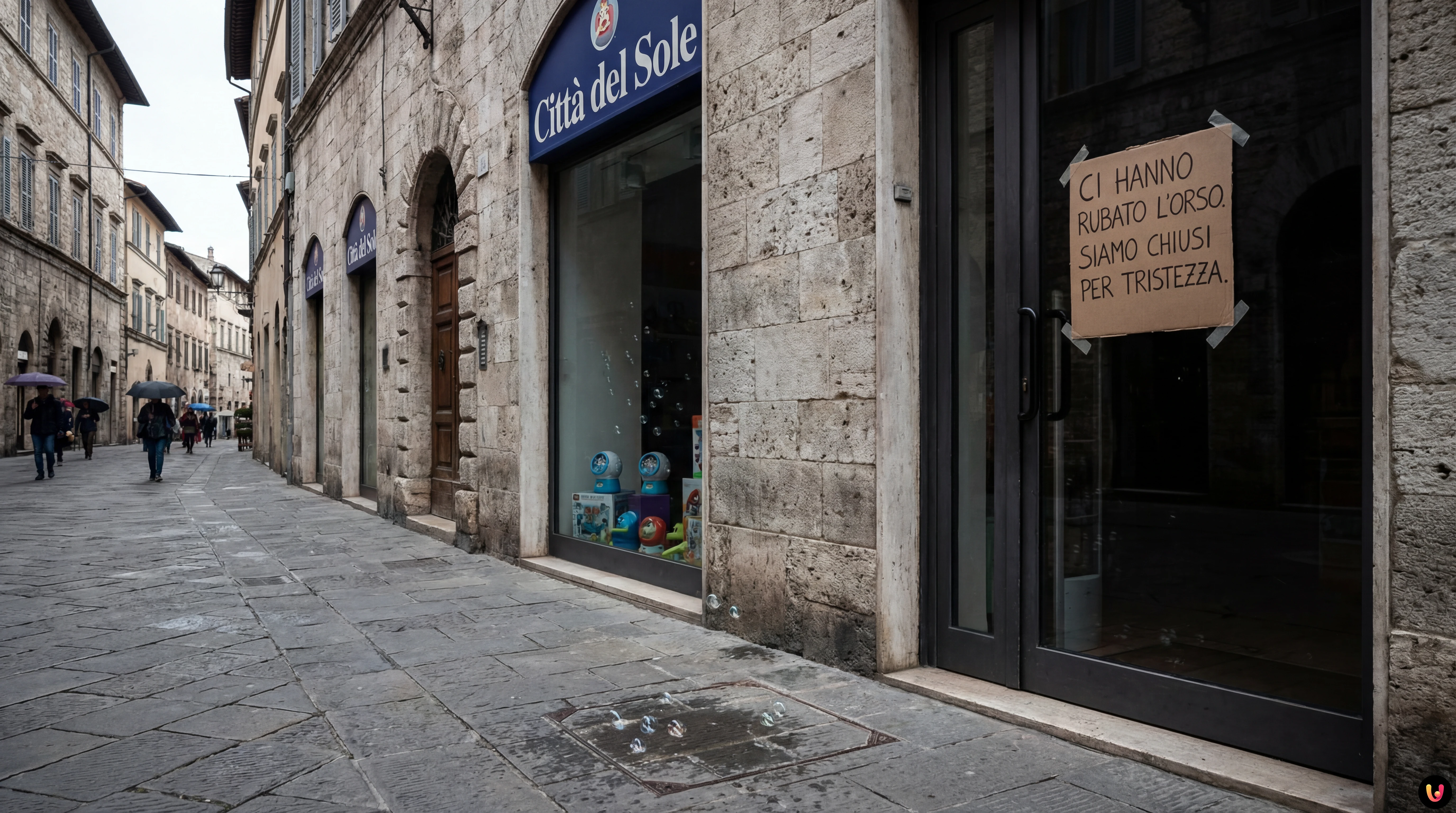 Cartello sulla porta del negozio Citt&agrave; del Sole che annuncia la chiusura dopo il furto dell'orso