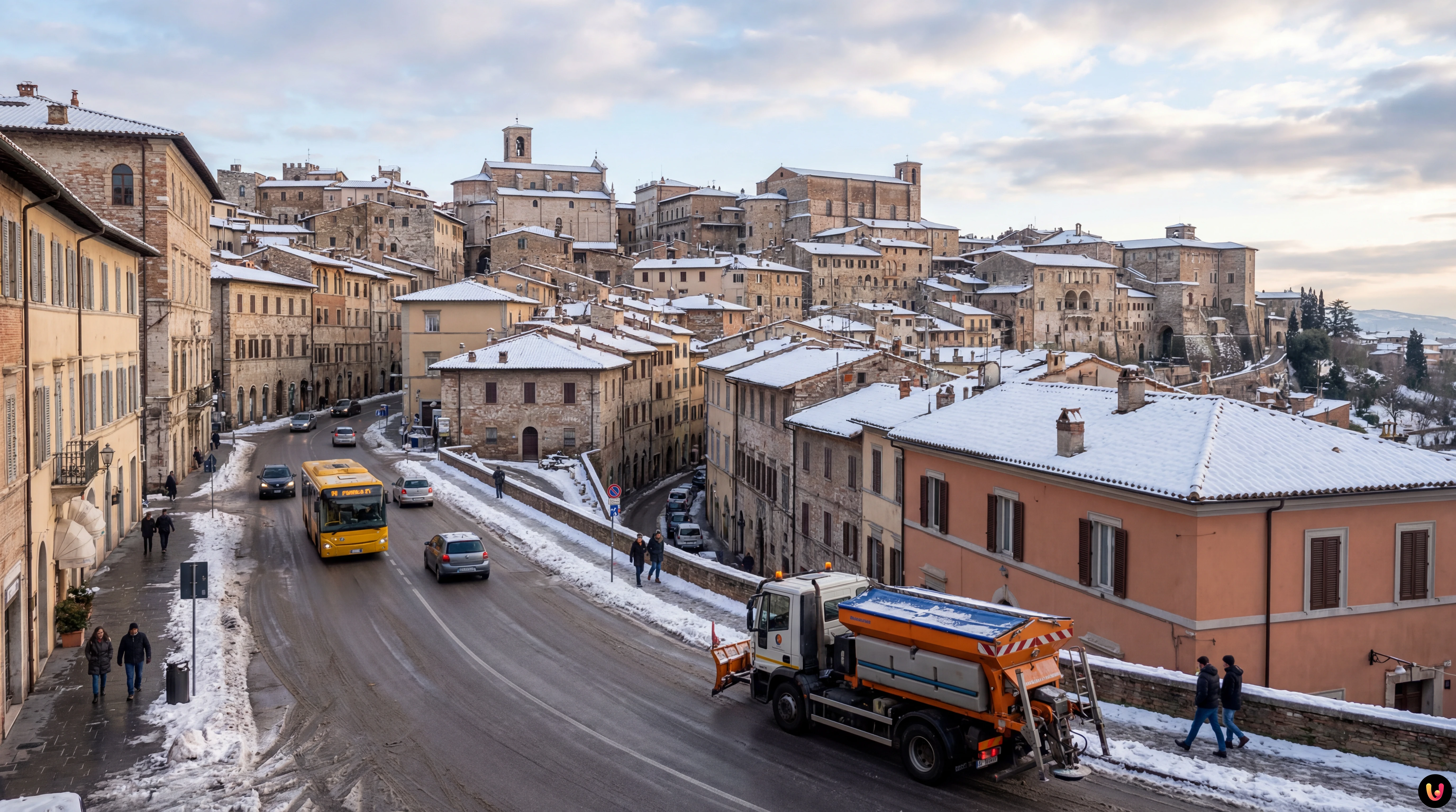 Panorama del centro storico di Perugia innevato con strade principali sgombre