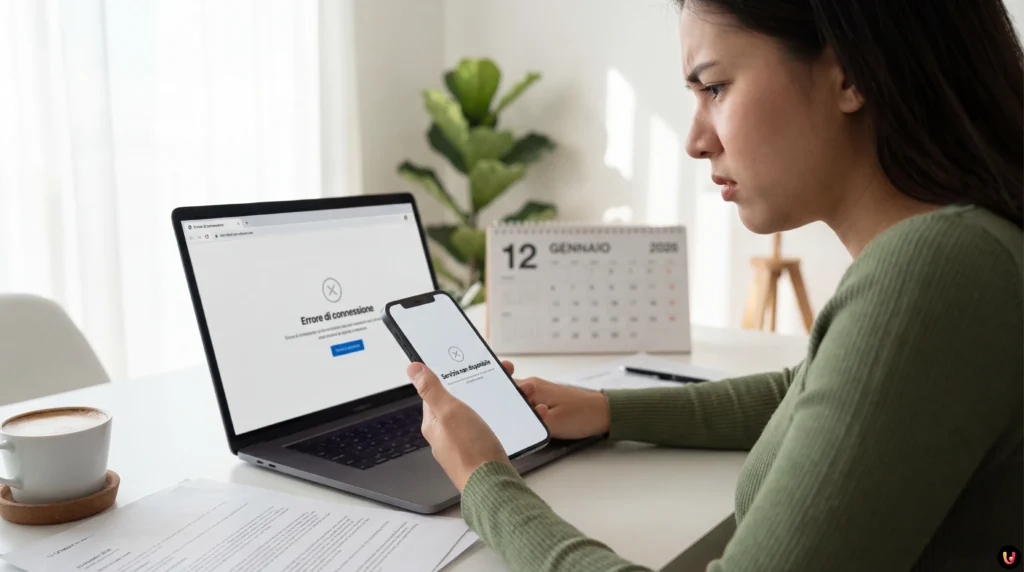 Logo Poste Italiane e smartphone con schermata di errore connessione