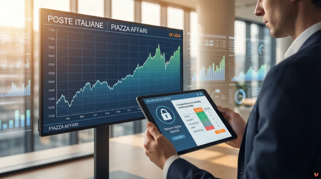 Logo Poste Italiane su grafico azionario in forte rialzo e icona SPID