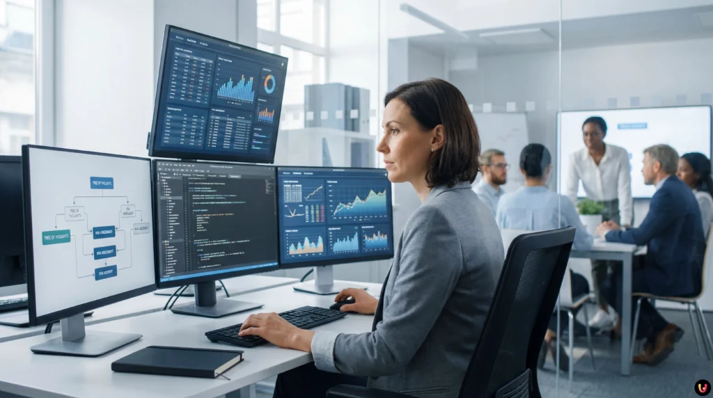 Financial charts and JSON code on blue holographic interface for AI credit analysis