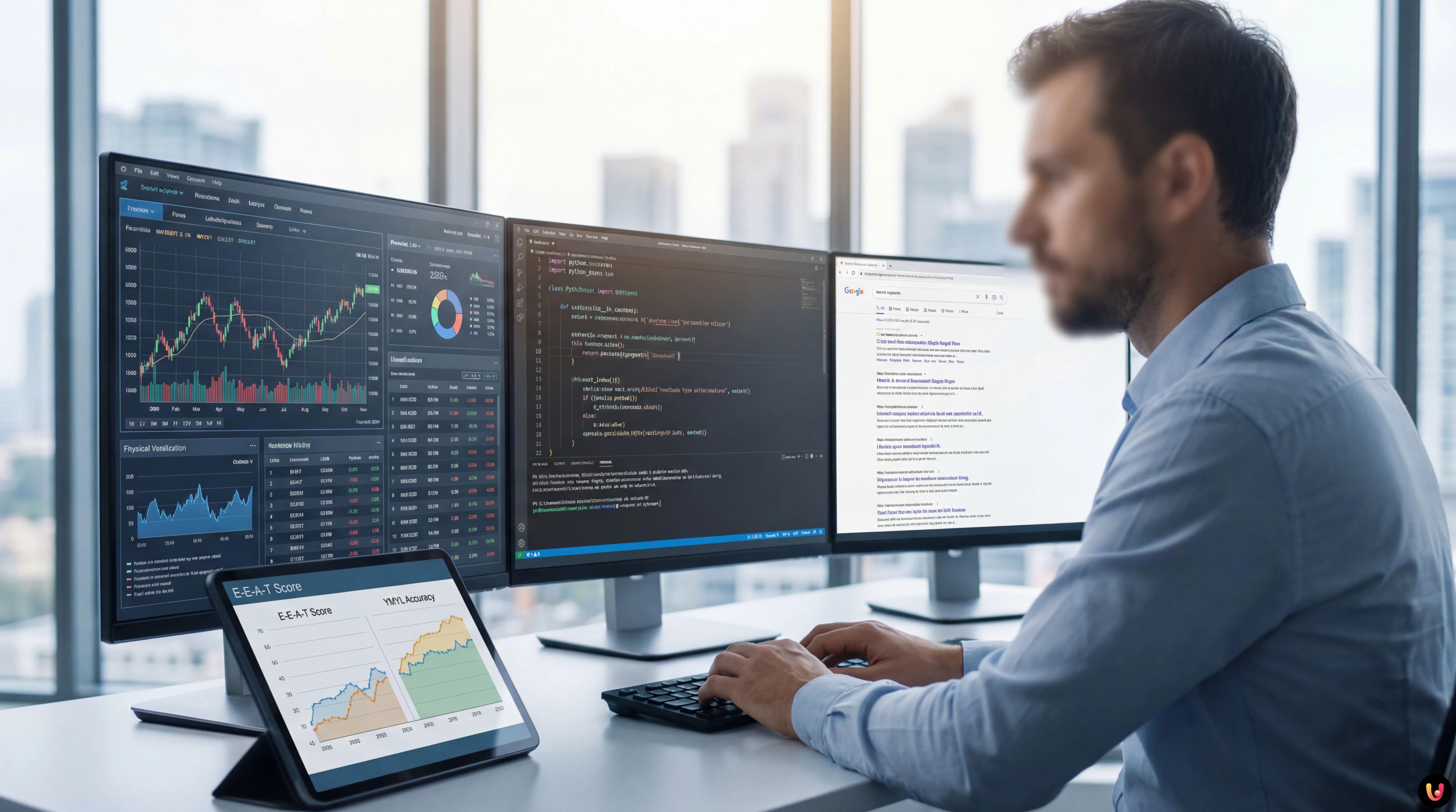 Grafico flussi dati SEO YMYL e codice Python su interfaccia futuristica
