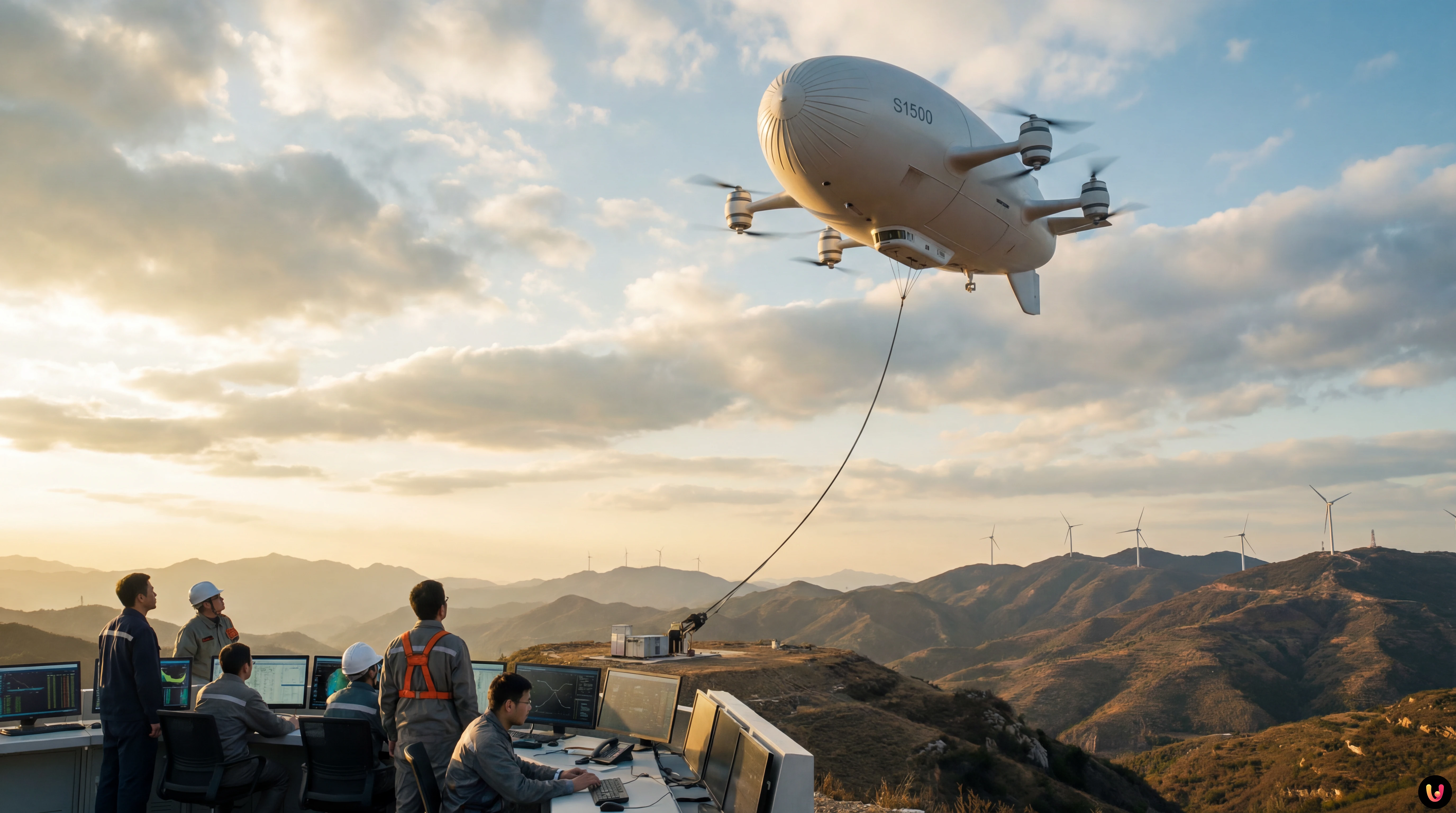 Turbina eolica volante S1500 sospesa nel cielo con generatori in fibra di carbonio