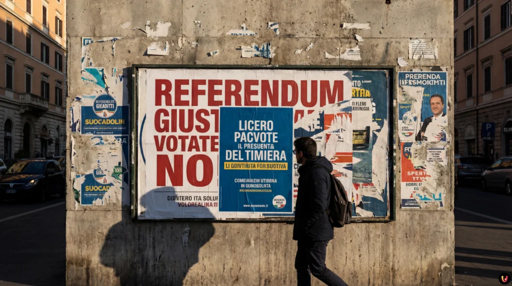 Manifesti elettorali del comitato No al Referendum Giustizia su un muro cittadino