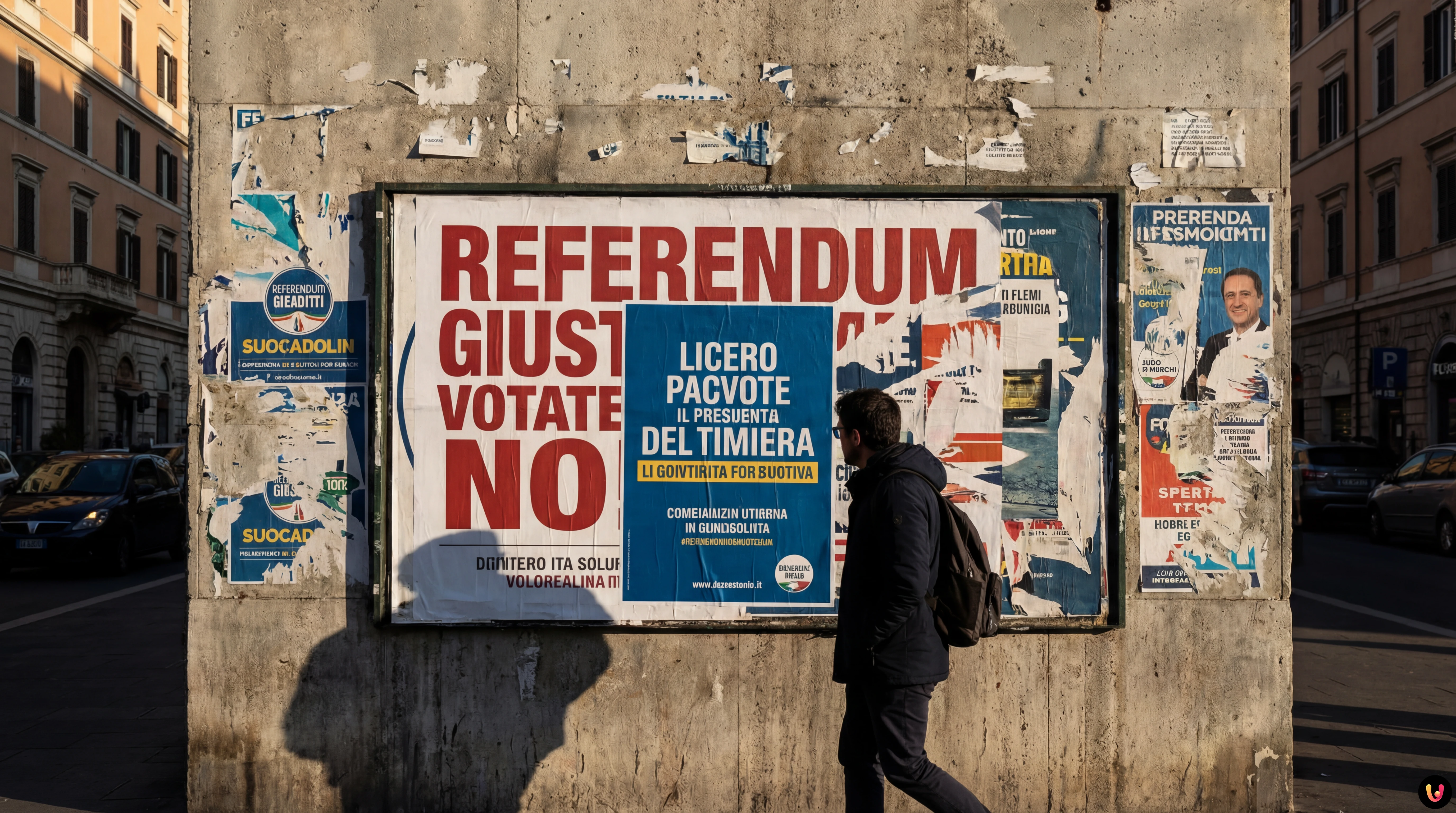 Manifesti elettorali del comitato No al Referendum Giustizia su un muro cittadino
