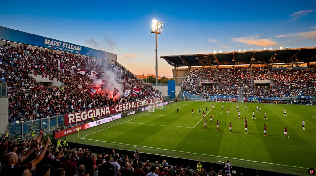 Squadre schierate al Mapei Stadium per il calcio d'inizio di Reggiana-Cesena.
