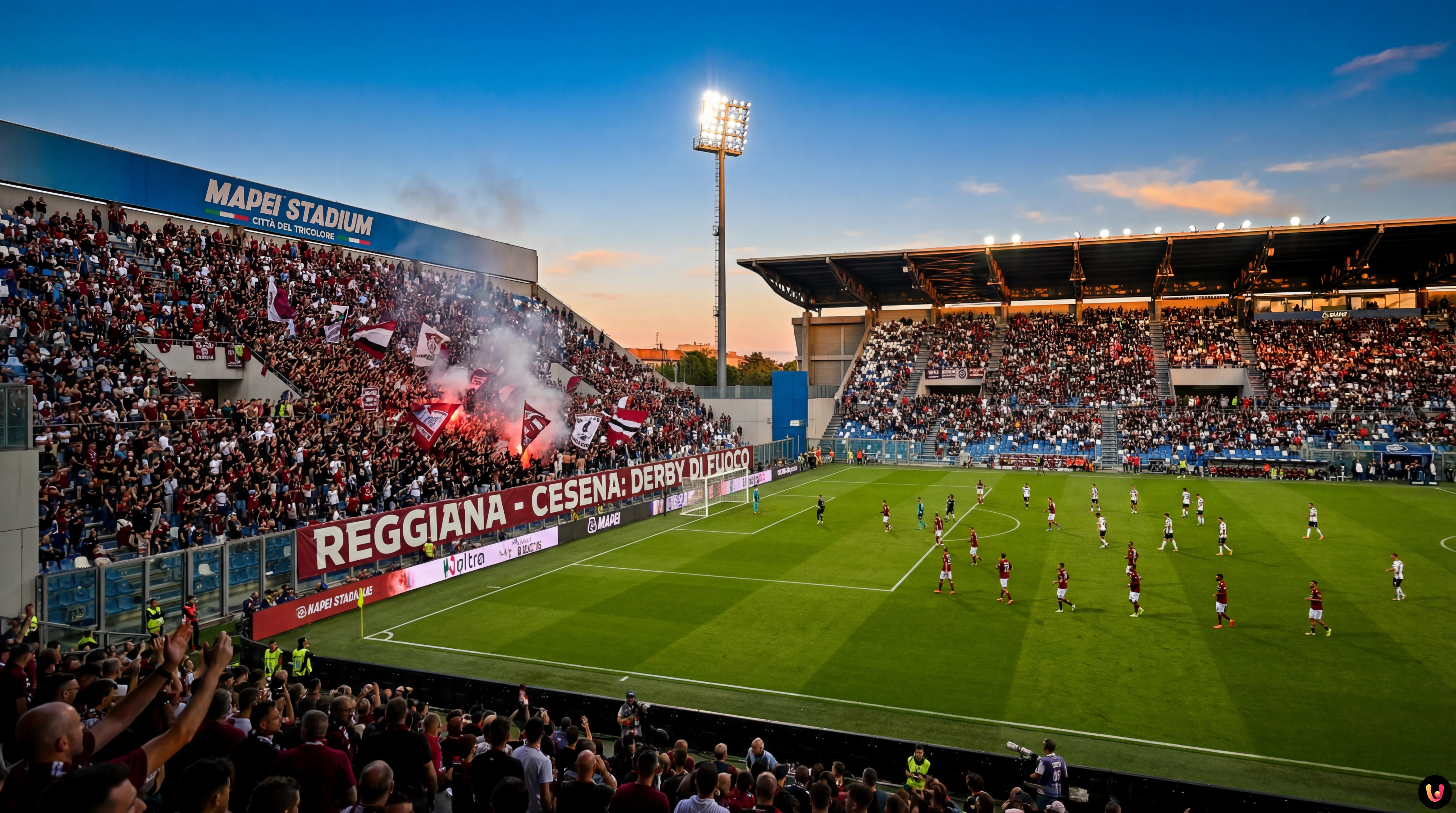 Derby Reggiana-Cesena Mapei Stadium Serie BKT 2026 Squadre schierate al Mapei Stadium per il calcio d'inizio di Reggiana-Cesena.