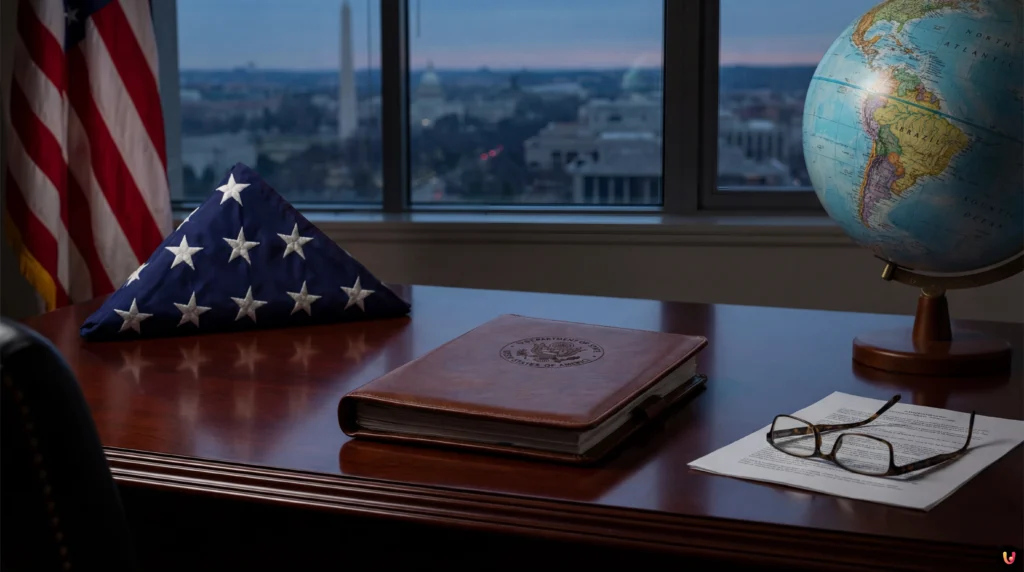 Primo piano di Marco Rubio, Segretario di Stato USA, durante un discorso ufficiale.