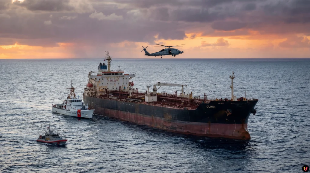 Saisie du pétrolier Olina : Washington frappe la « flotte fantôme » en mer des Caraïbes Pétrolier Olina intercepté par la marine américaine dans les eaux des Caraïbes.
