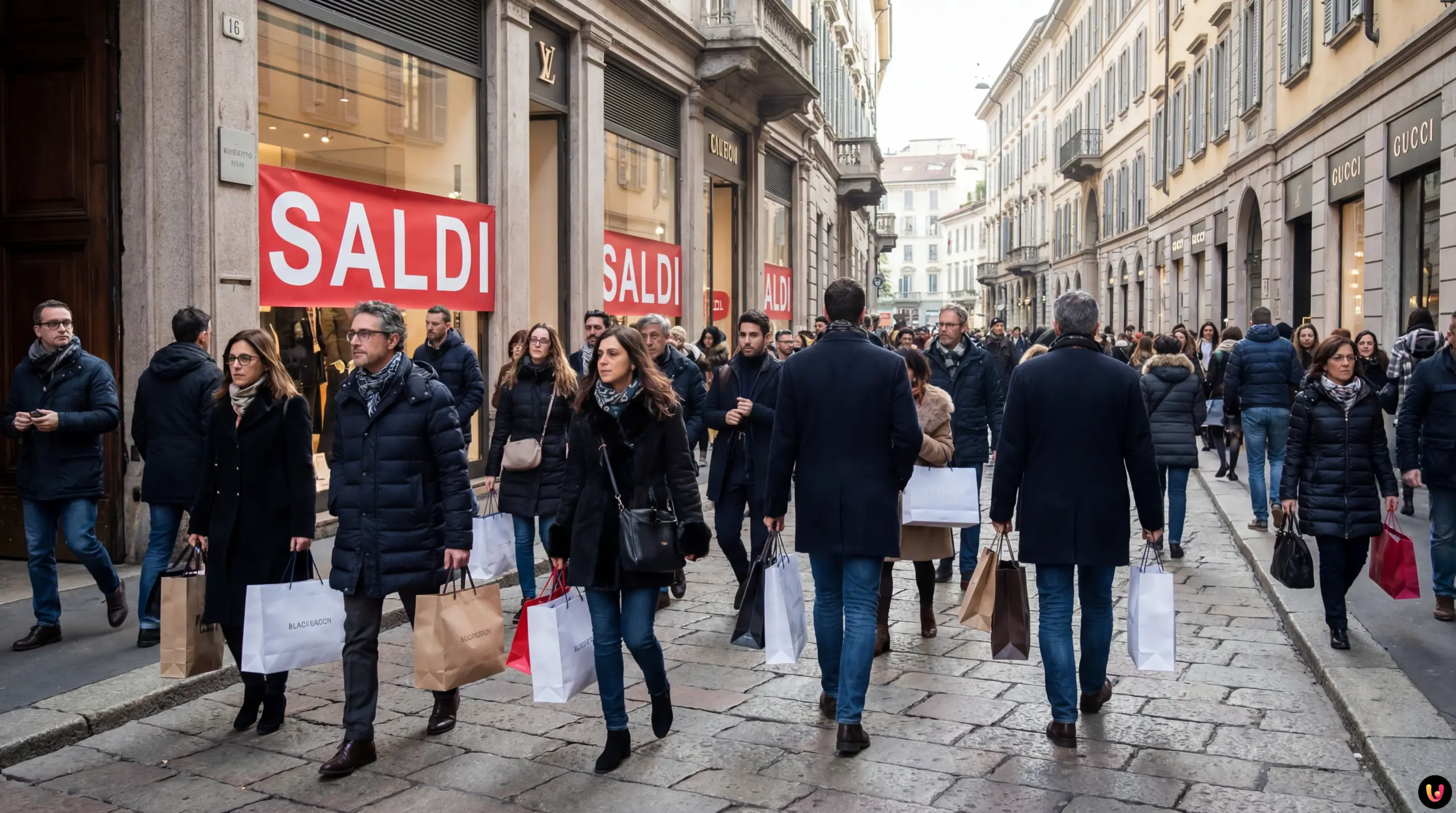 Folla di consumatori con borse shopping davanti alle vetrine con sconti saldi 2026