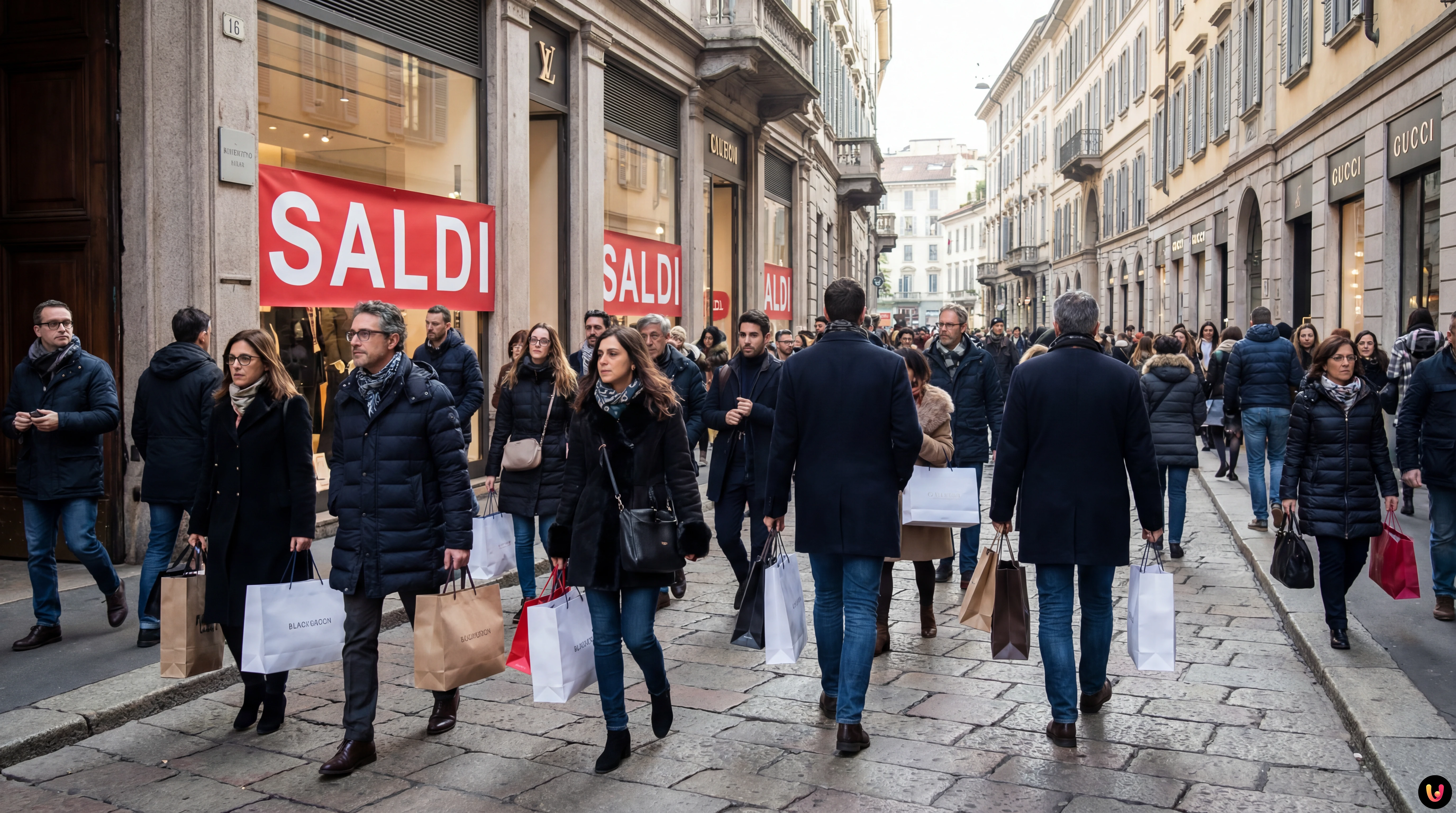 Folla di consumatori con borse shopping davanti alle vetrine con sconti saldi 2026