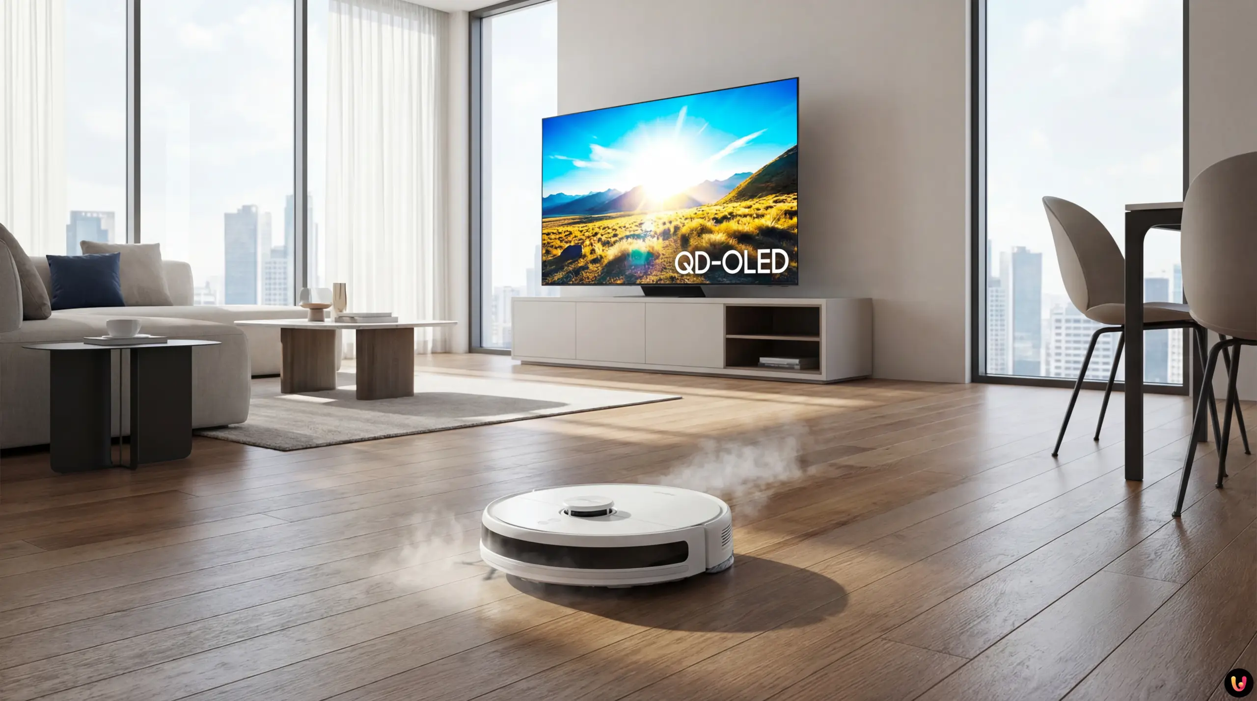 Robot aspirapolvere Samsung Bespoke AI Jet Bot Steam Ultra e TV QD-OLED allo stand CES 2026