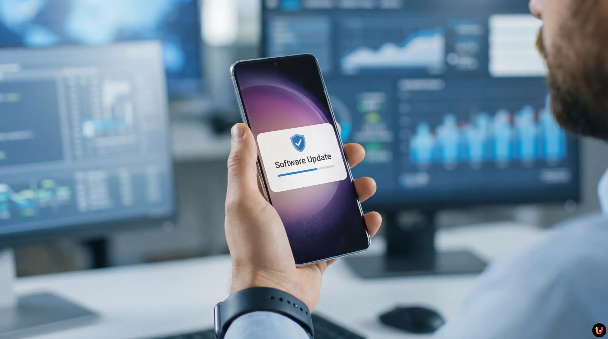 Samsung Galaxy Smartphone mit Sicherheitsschild-Symbol f&uuml;r das Januar-Update 2026