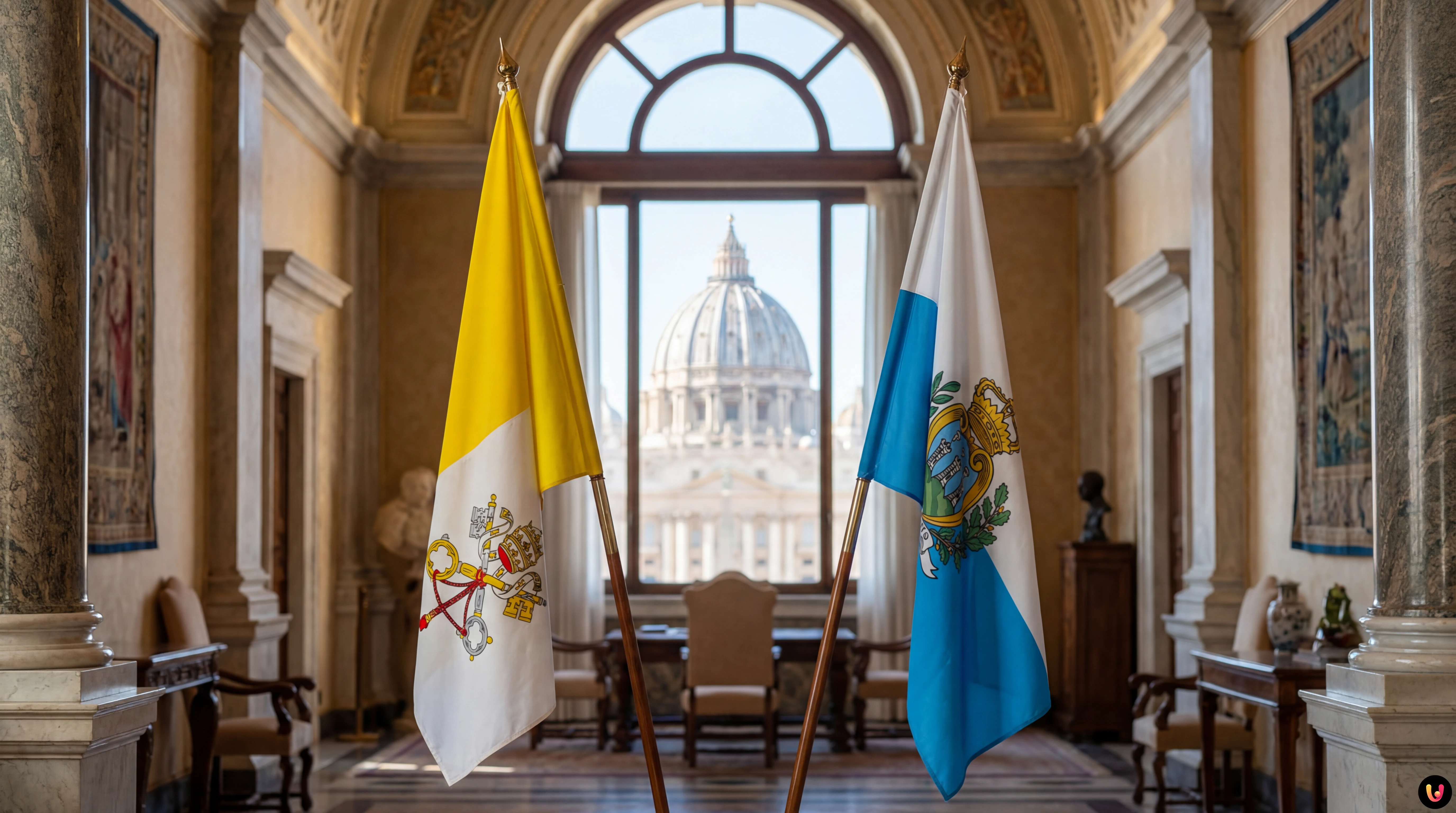 Papa Leone XIV posa con i Capitani Reggenti Rossi e Bugli durante l'udienza in Vaticano.
