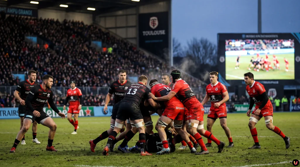 Action de jeu intense entre Saracens et Stade Toulousain au StoneX Stadium
