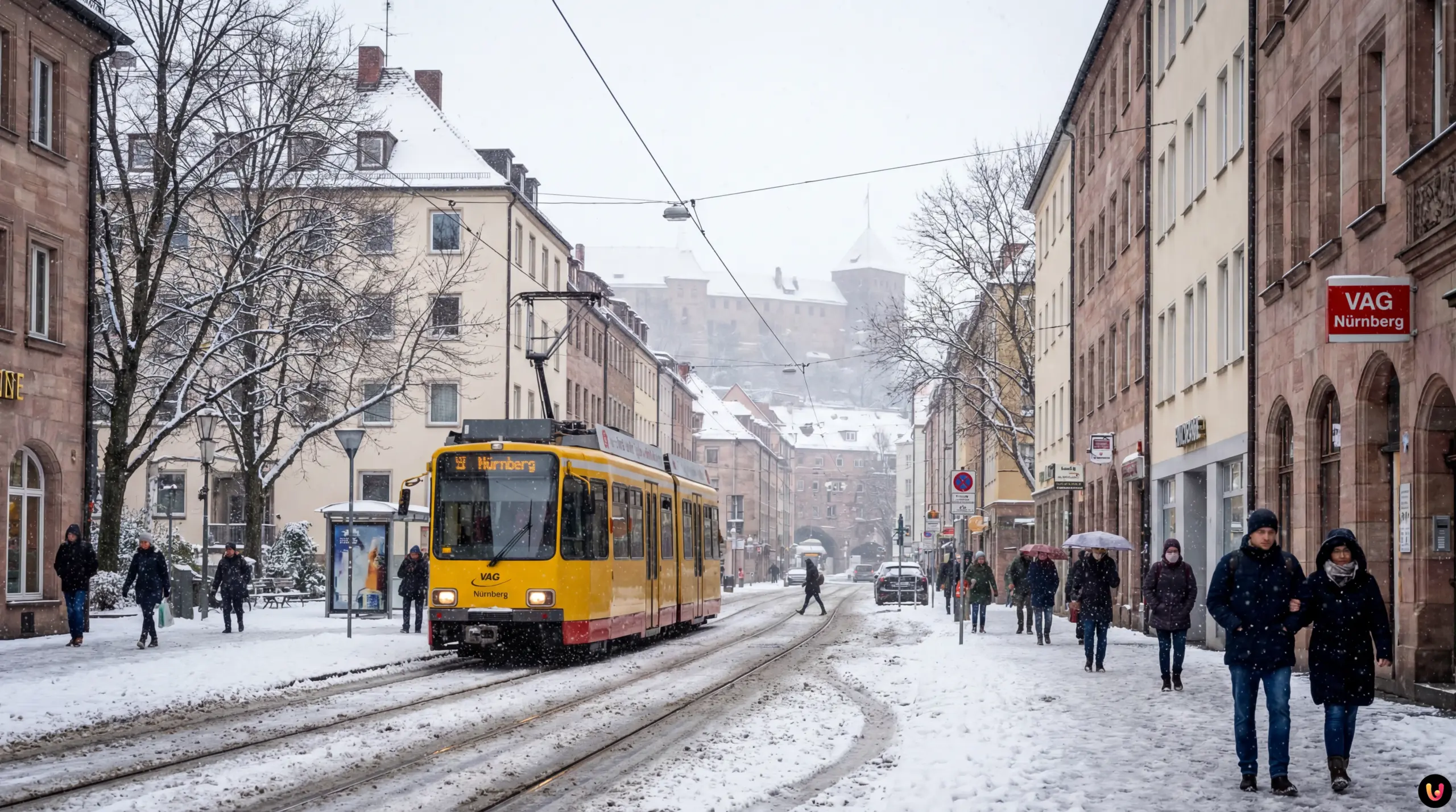 Verschneite Stra&szlig;e in N&uuml;rnberg mit Verkehr bei Winterwetter