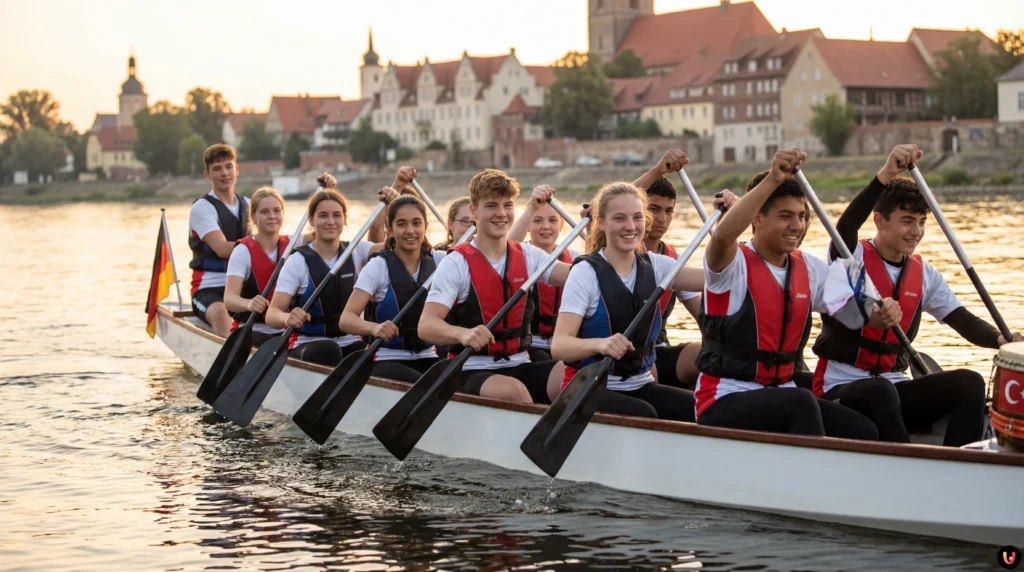 Gruppo di studenti in canoa sul fiume Elba per il progetto contro il bullismo