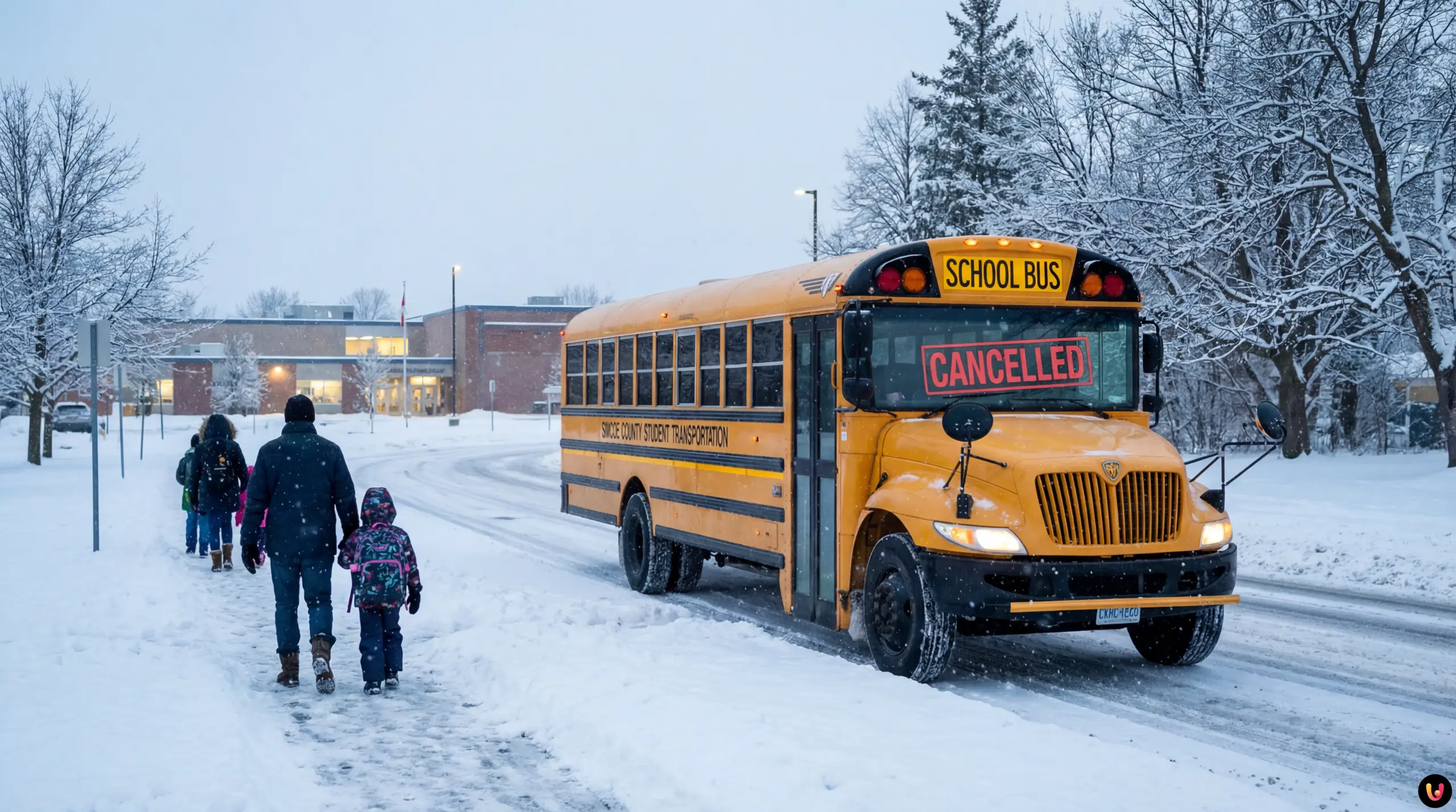 Yellow school bus driving through heavy snow on a winter road in Ontario.
