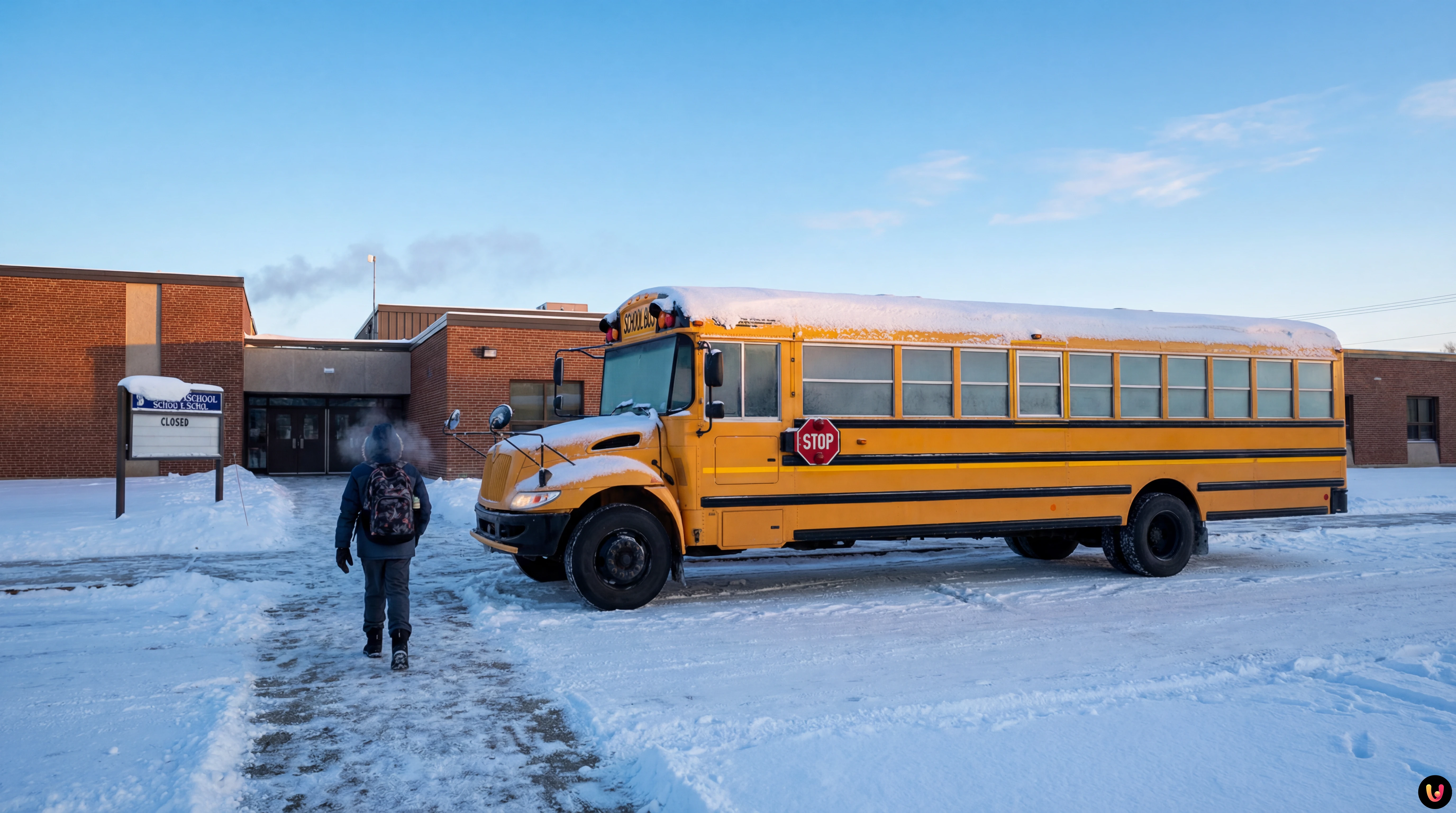 School Closings Tomorrow Extreme Cold Weather Yellow school bus driving on a snowy road during extreme cold weather conditions