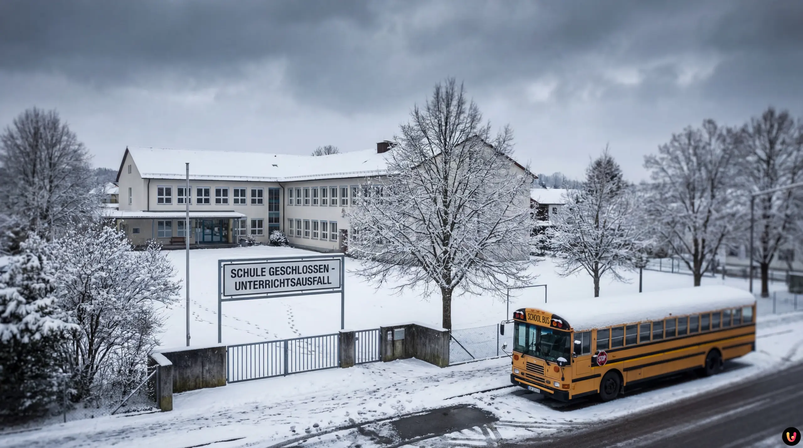 Schulausfall Bayern: Wetterlage & Distanzunterricht Verschneites Schulgebäude in Bayern bei starkem Winterwetter und Glatteis