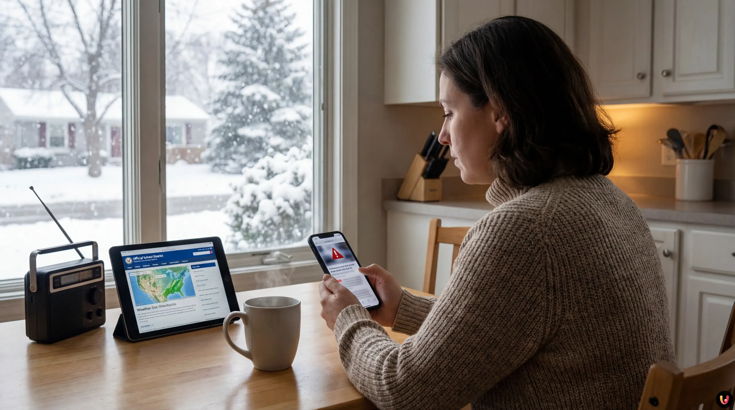 Smartphone zeigt offizielle Warn-App Meldung vor verschneitem Schulgeb&auml;ude