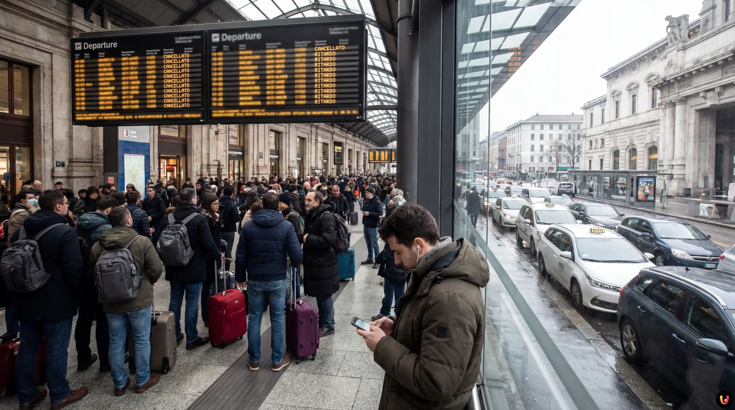 Tabellone partenze con voli e treni cancellati per lo sciopero a Milano