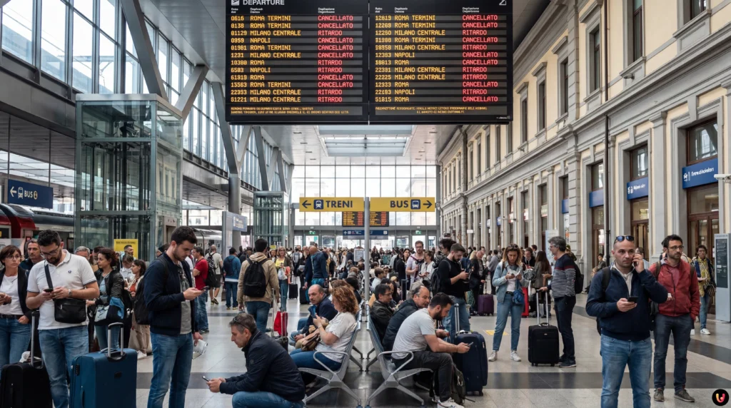Sciopero 9-10 Gennaio 2026: Stop Treni e Aerei, il Caso Scuola Tabellone partenze stazione con avvisi ritardi e cancellazioni per sciopero trasporti