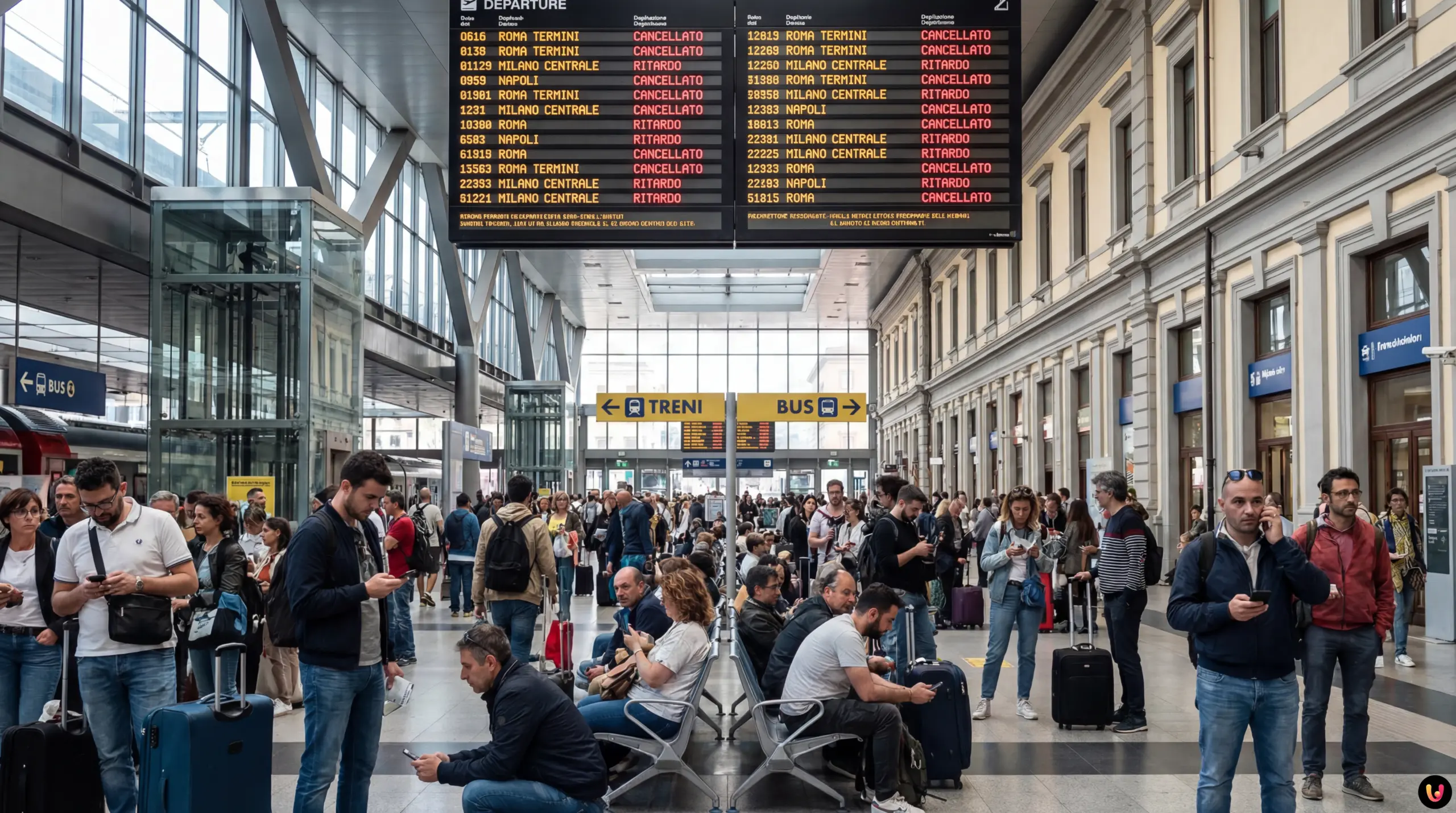 Tabellone partenze stazione con avvisi ritardi e cancellazioni per sciopero trasporti