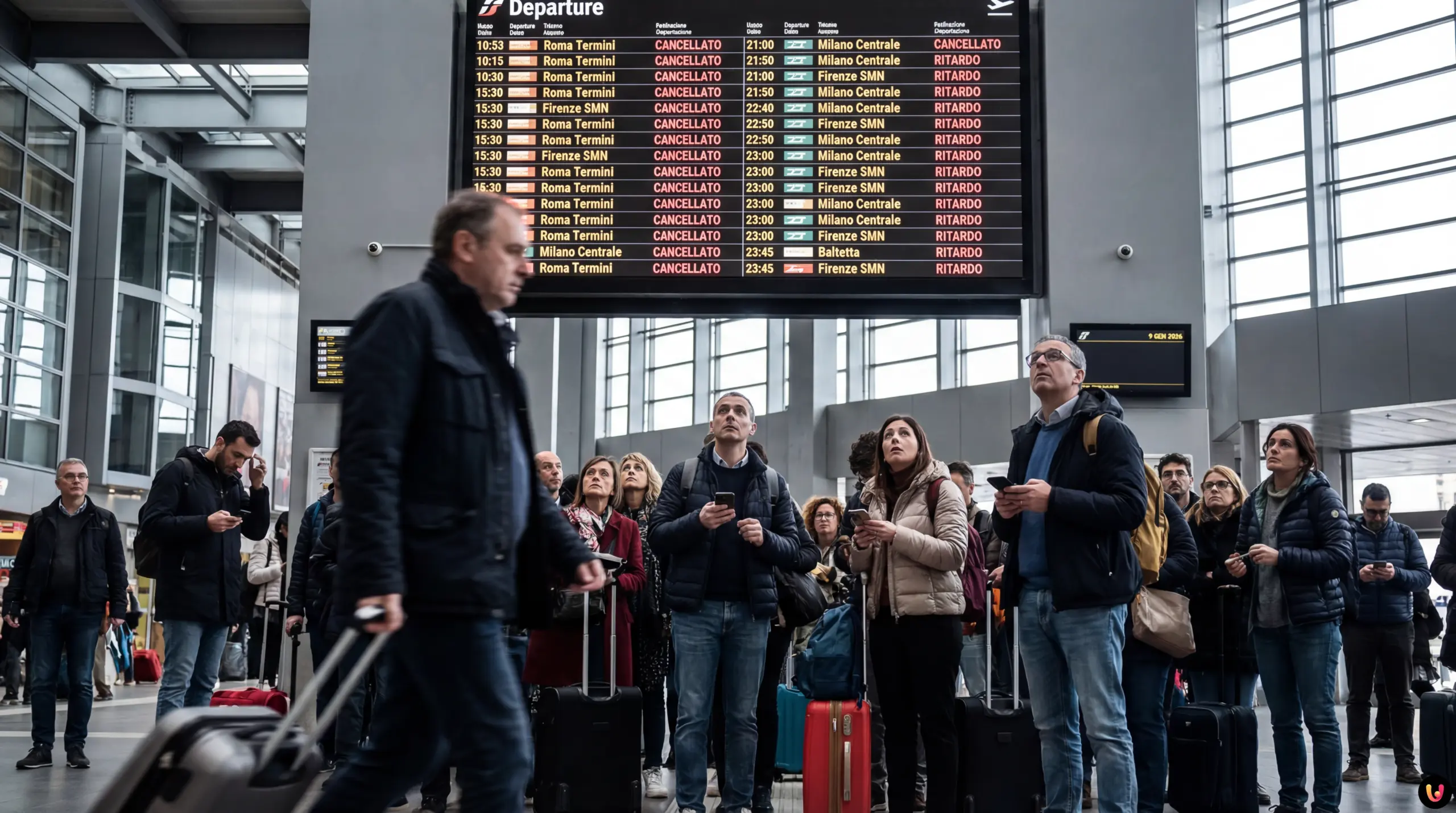 Tabellone orari voli e treni con avvisi di cancellazione per lo sciopero trasporti