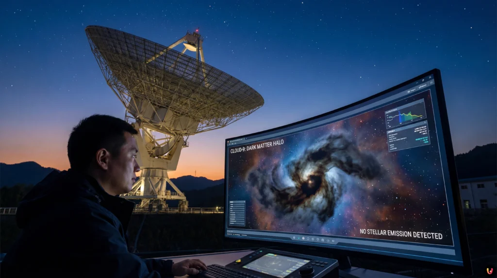 Rendering artistico della galassia fantasma Cloud-9 composta solo da gas e materia oscura